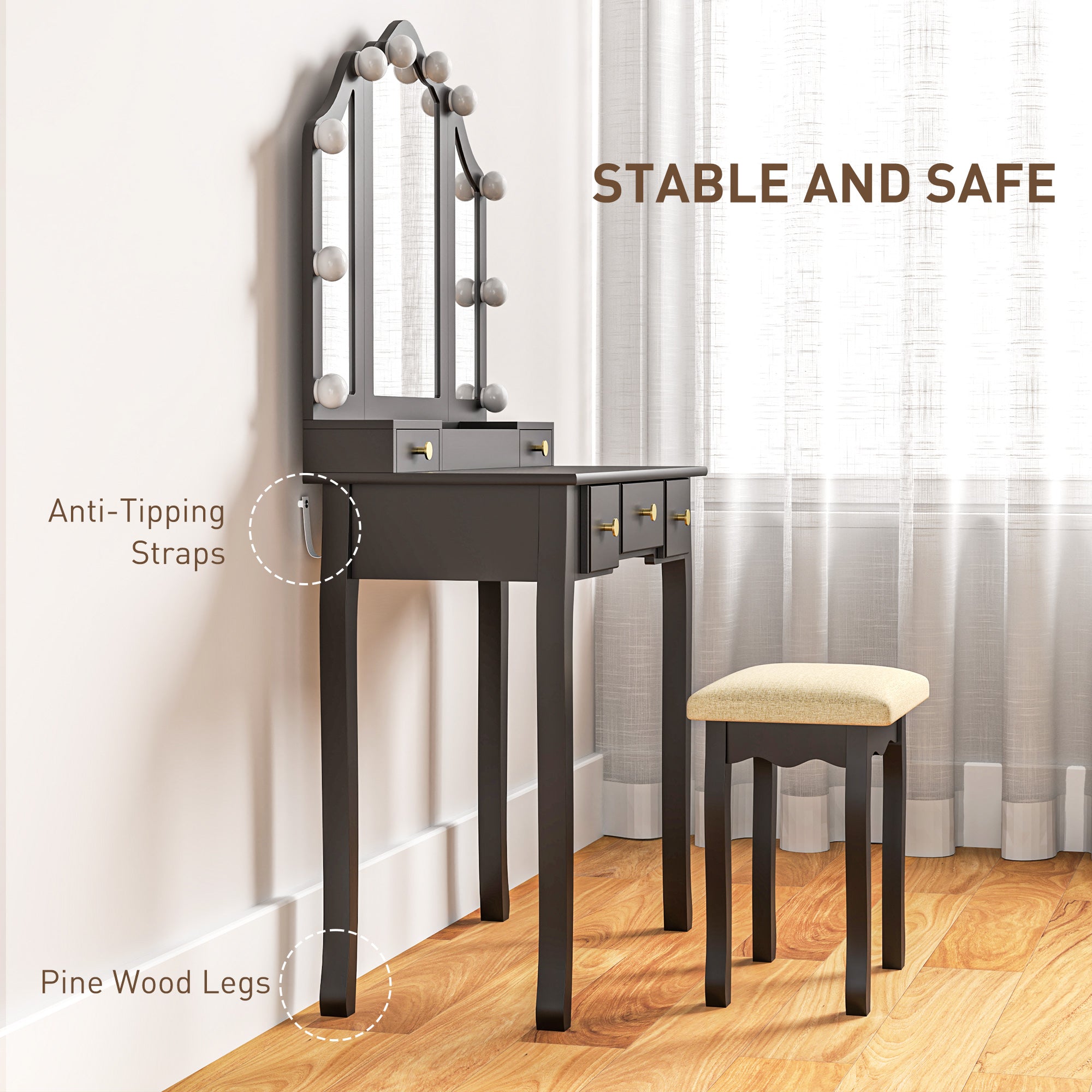 HOMCOM Vanity Set with Mirror and Stool, Makeup Vanity Desk with 10 LED Lights, 2 Lighting Modes and Adjustable Brightness, Dressing Table with 5 Drawers and 3 Compartments, Black