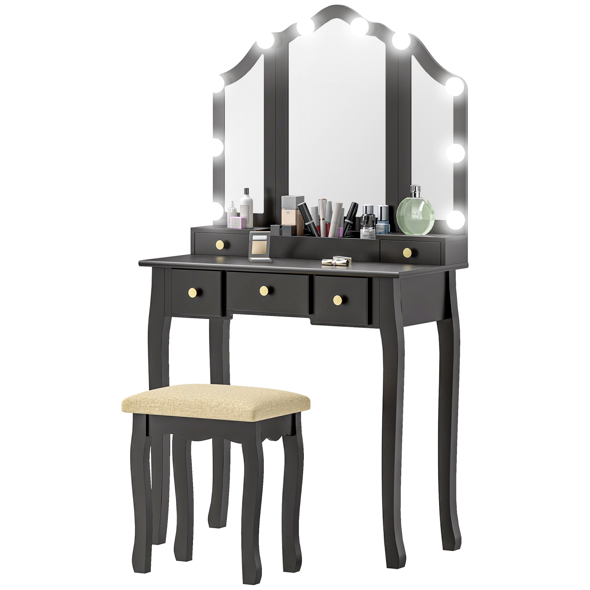 HOMCOM Vanity Set with Mirror and Stool, Makeup Vanity Desk with 10 LED Lights, 2 Lighting Modes and Adjustable Brightness, Dressing Table with 5 Drawers and 3 Compartments, Black