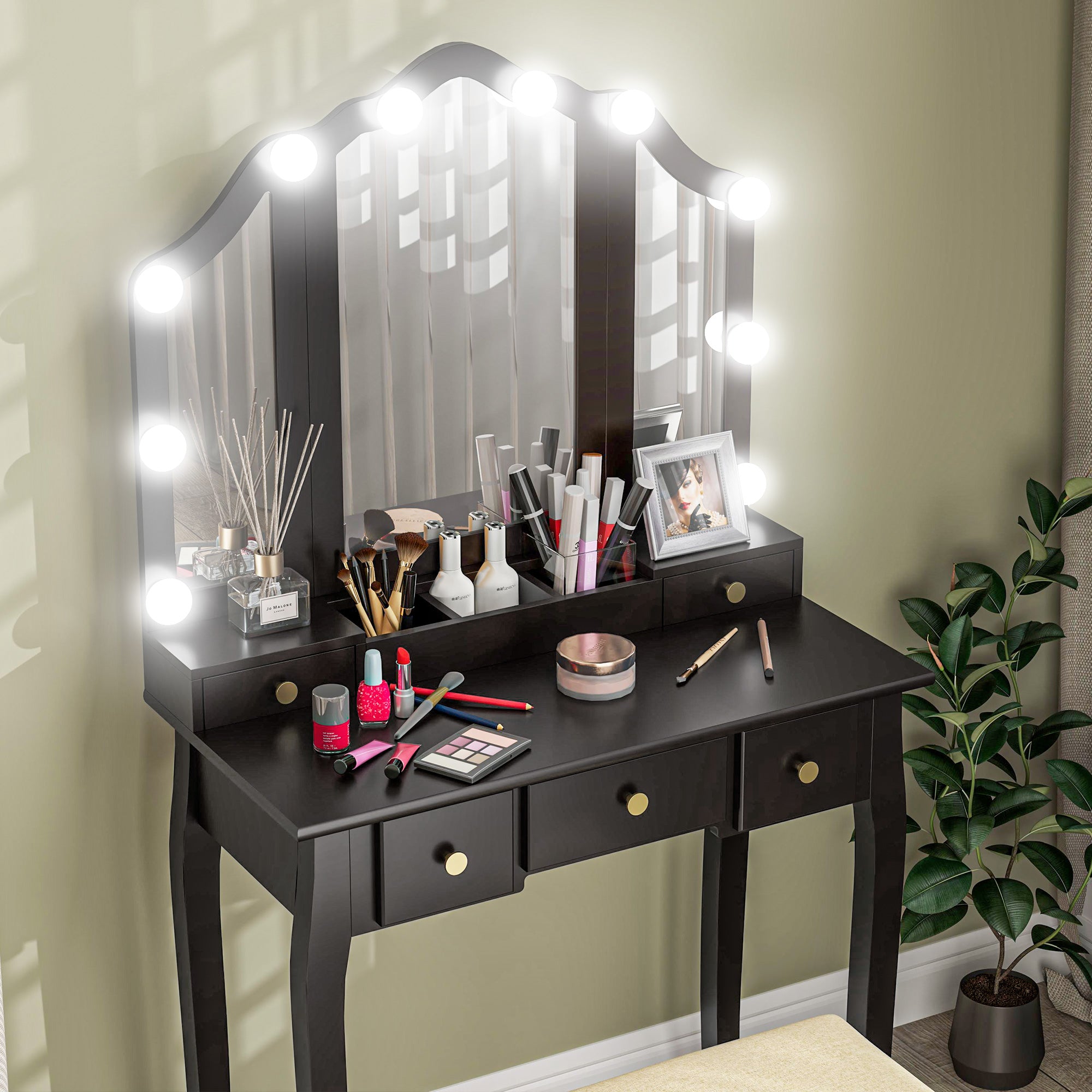 HOMCOM Vanity Set with Mirror and Stool, Makeup Vanity Desk with 10 LED Lights, 2 Lighting Modes and Adjustable Brightness, Dressing Table with 5 Drawers and 3 Compartments, Black