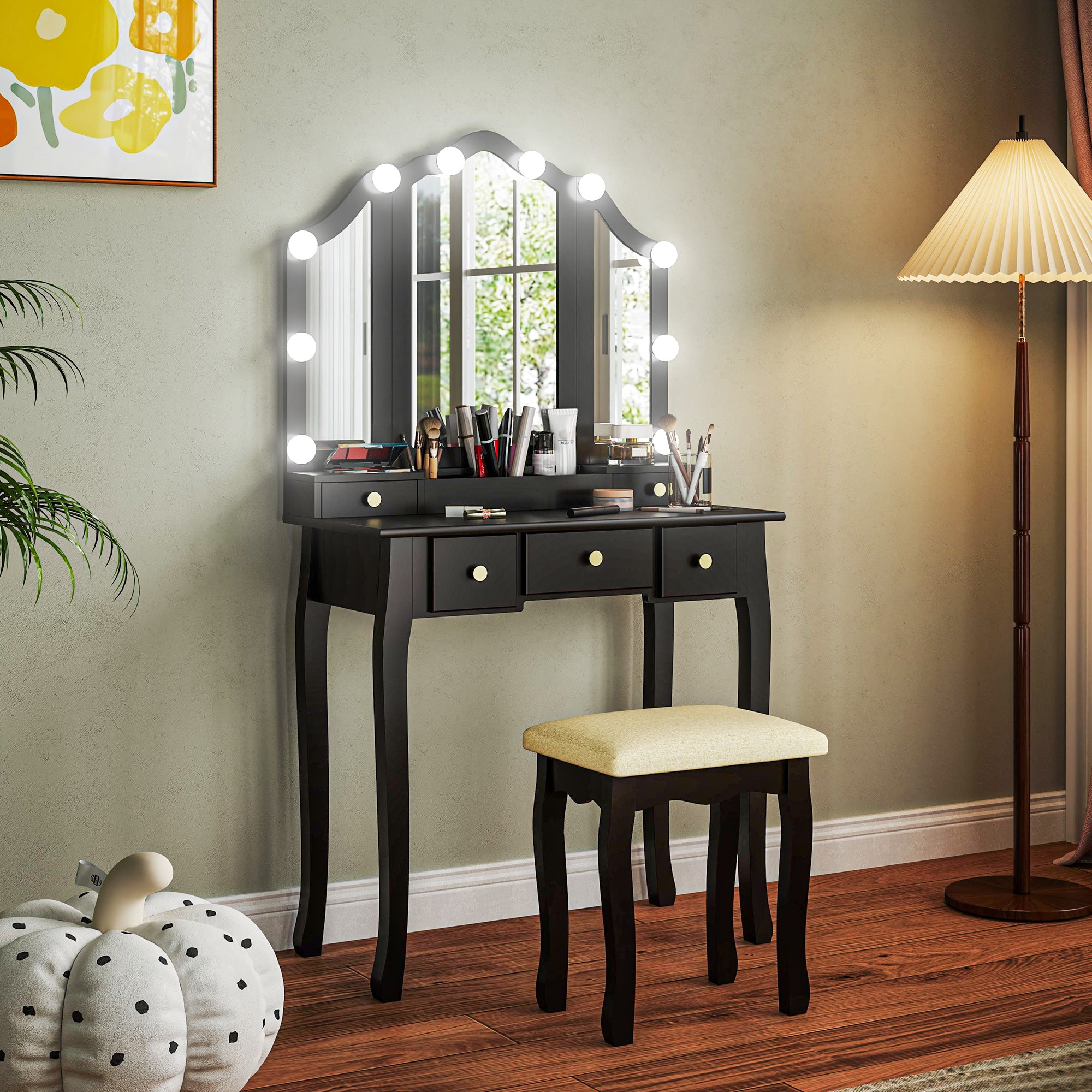 HOMCOM Vanity Set with Mirror and Stool, Makeup Vanity Desk with 10 LED Lights, 2 Lighting Modes and Adjustable Brightness, Dressing Table with 5 Drawers and 3 Compartments, Black