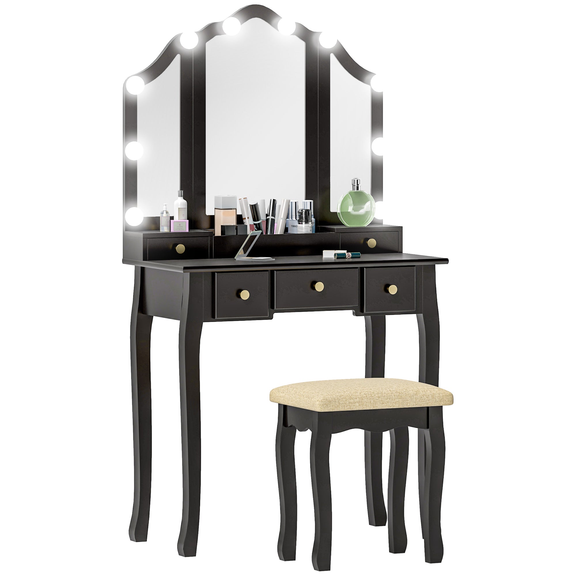 HOMCOM Vanity Set with Mirror and Stool, Makeup Vanity Desk with 10 LED Lights, 2 Lighting Modes and Adjustable Brightness, Dressing Table with 5 Drawers and 3 Compartments, Black