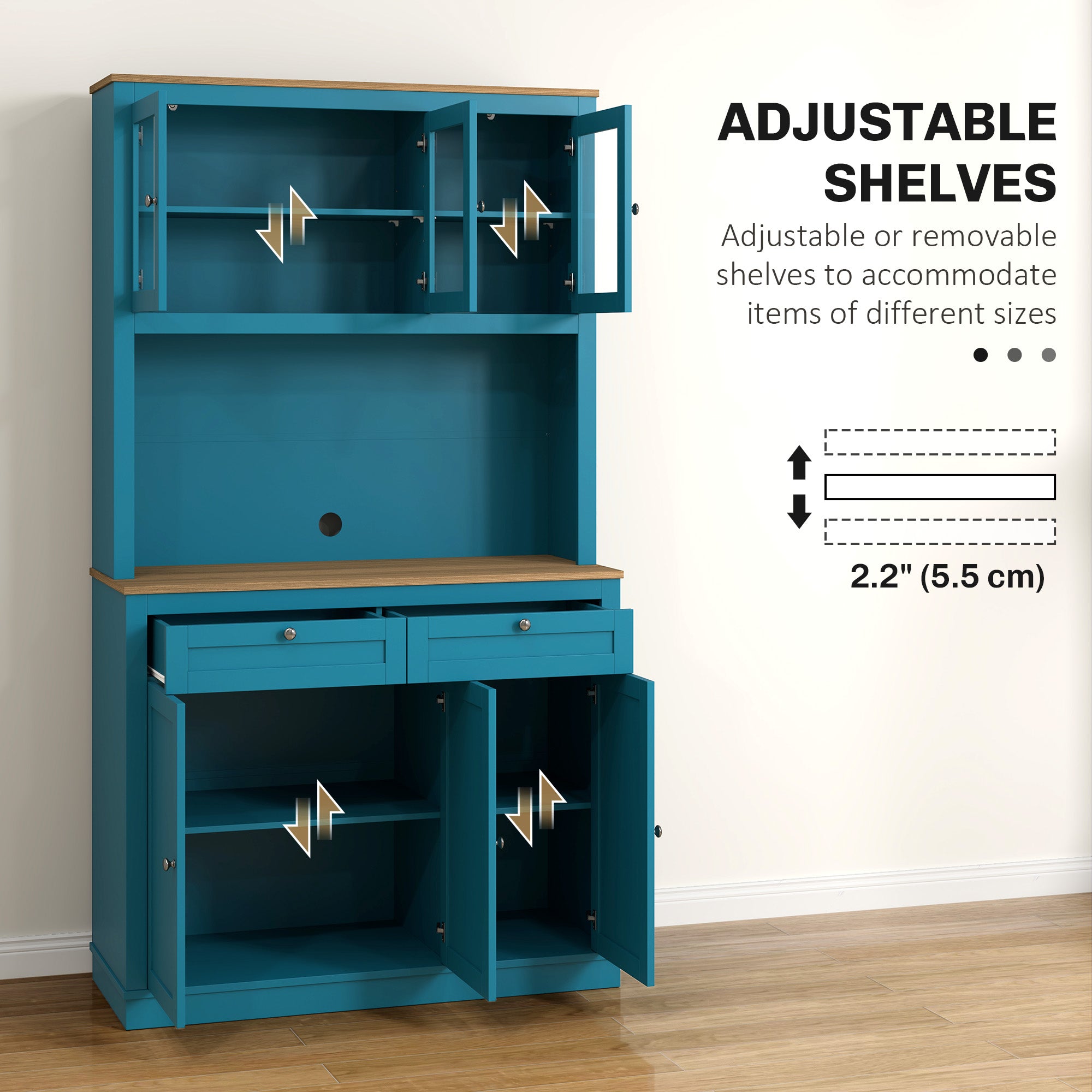 HOMCOM 71" Pantry Cabinet with Microwave Countertop, Tall Kitchen Hutch with 2 Drawers, Freestanding Storage Cabinet with Adjustable Shelves, Glass and Shaker Doors, Navy Blue
