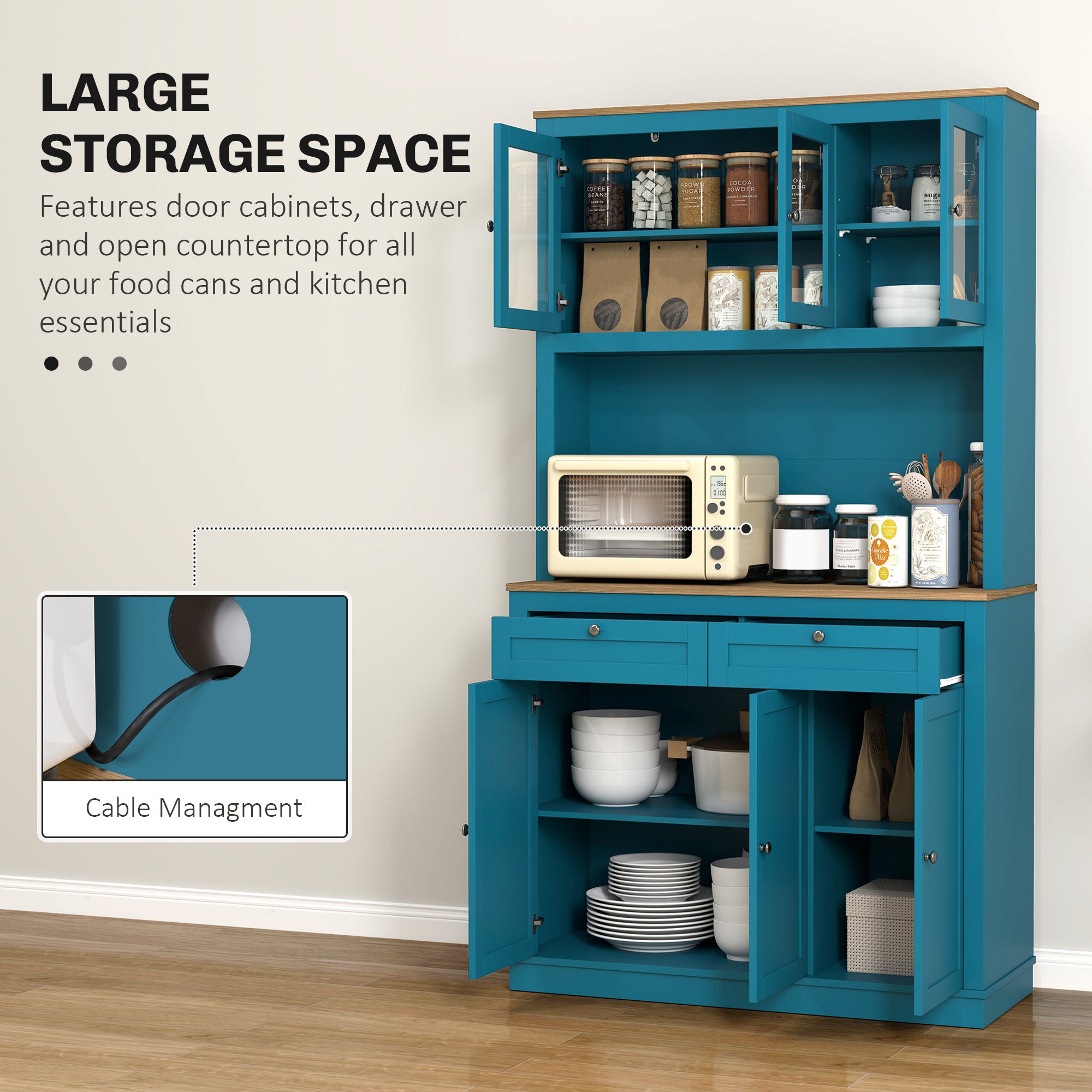 HOMCOM 71" Pantry Cabinet with Microwave Countertop, Tall Kitchen Hutch with 2 Drawers, Freestanding Storage Cabinet with Adjustable Shelves, Glass and Shaker Doors, Navy Blue