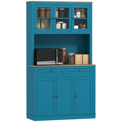 HOMCOM 71" Pantry Cabinet with Microwave Countertop, Tall Kitchen Hutch with 2 Drawers, Freestanding Storage Cabinet with Adjustable Shelves, Glass and Shaker Doors, Navy Blue