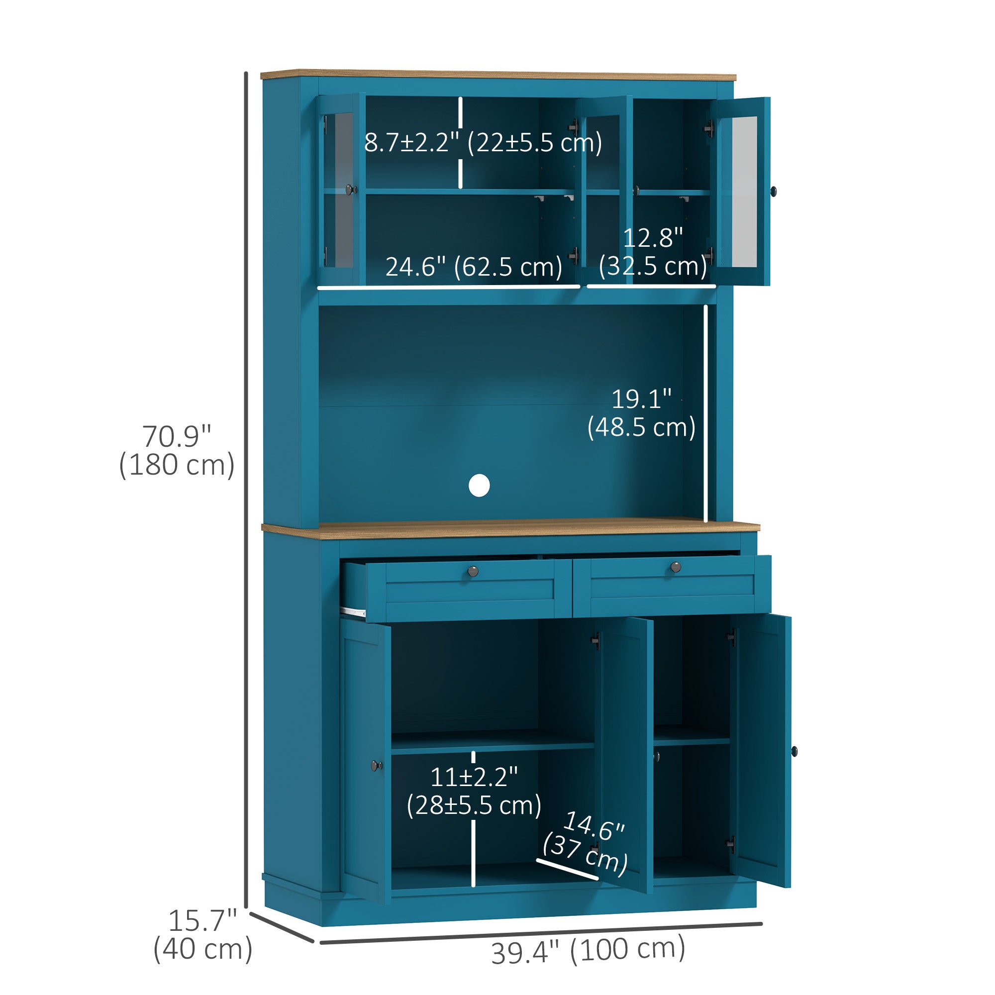 HOMCOM 71" Pantry Cabinet with Microwave Countertop, Tall Kitchen Hutch with 2 Drawers, Freestanding Storage Cabinet with Adjustable Shelves, Glass and Shaker Doors, Navy Blue