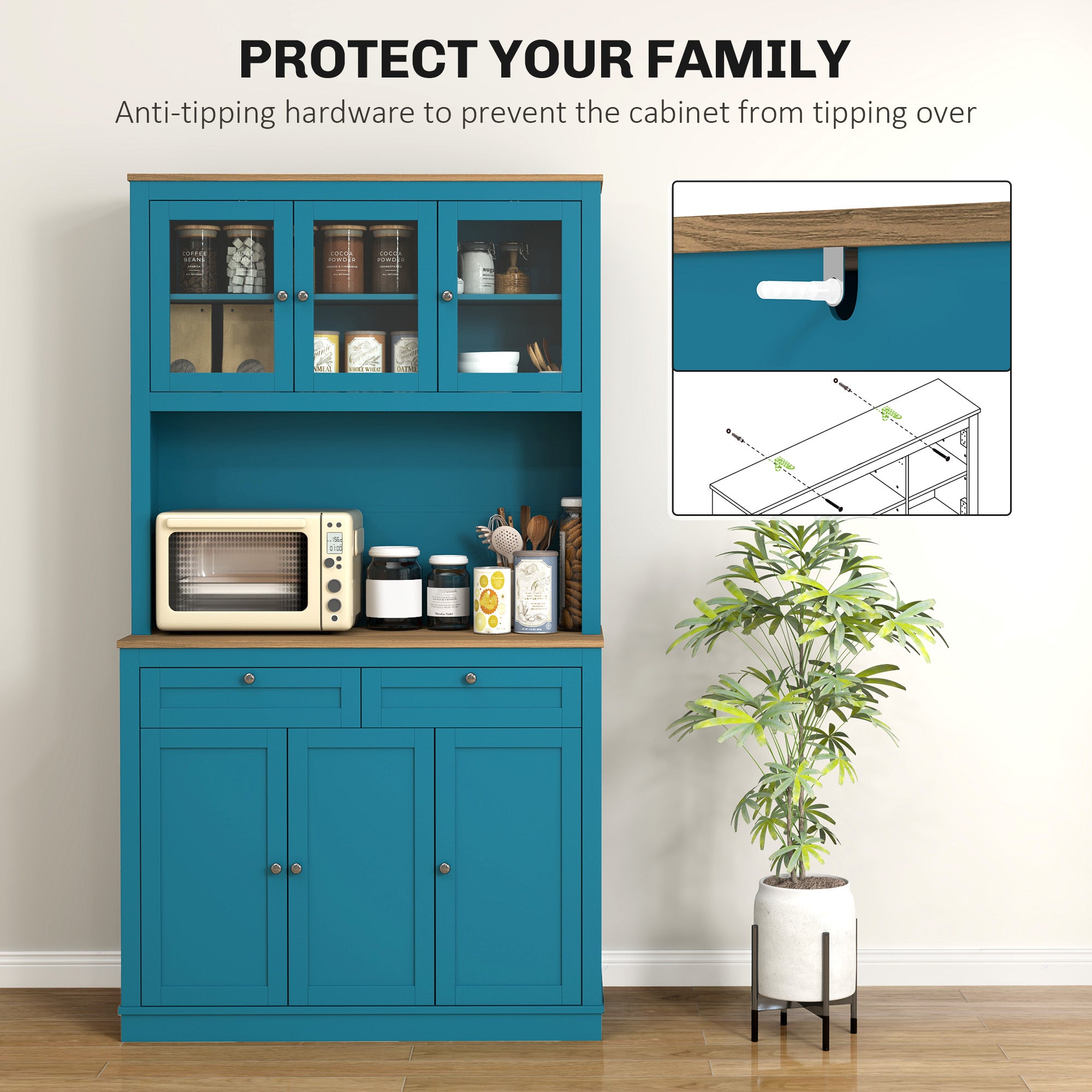 HOMCOM 71" Pantry Cabinet with Microwave Countertop, Tall Kitchen Hutch with 2 Drawers, Freestanding Storage Cabinet with Adjustable Shelves, Glass and Shaker Doors, Navy Blue