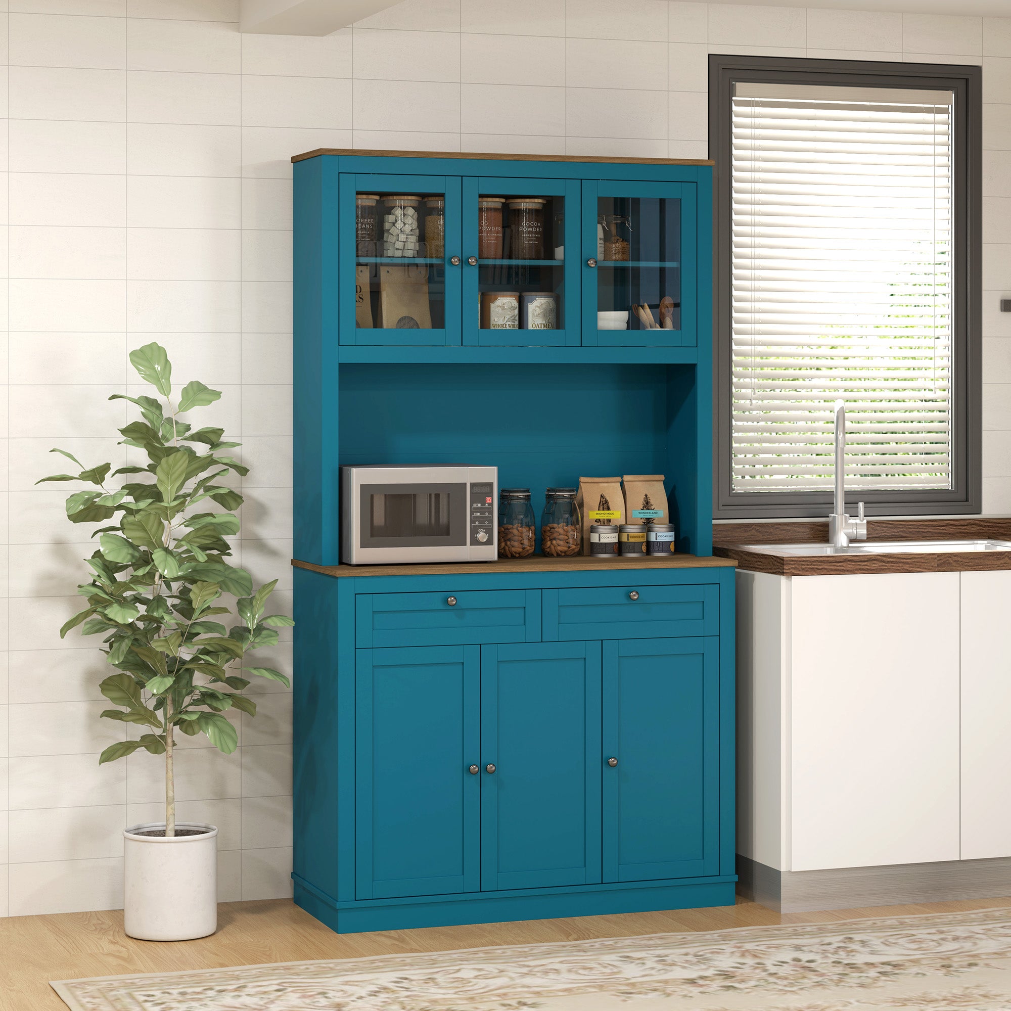 HOMCOM 71" Pantry Cabinet with Microwave Countertop, Tall Kitchen Hutch with 2 Drawers, Freestanding Storage Cabinet with Adjustable Shelves, Glass and Shaker Doors, Navy Blue