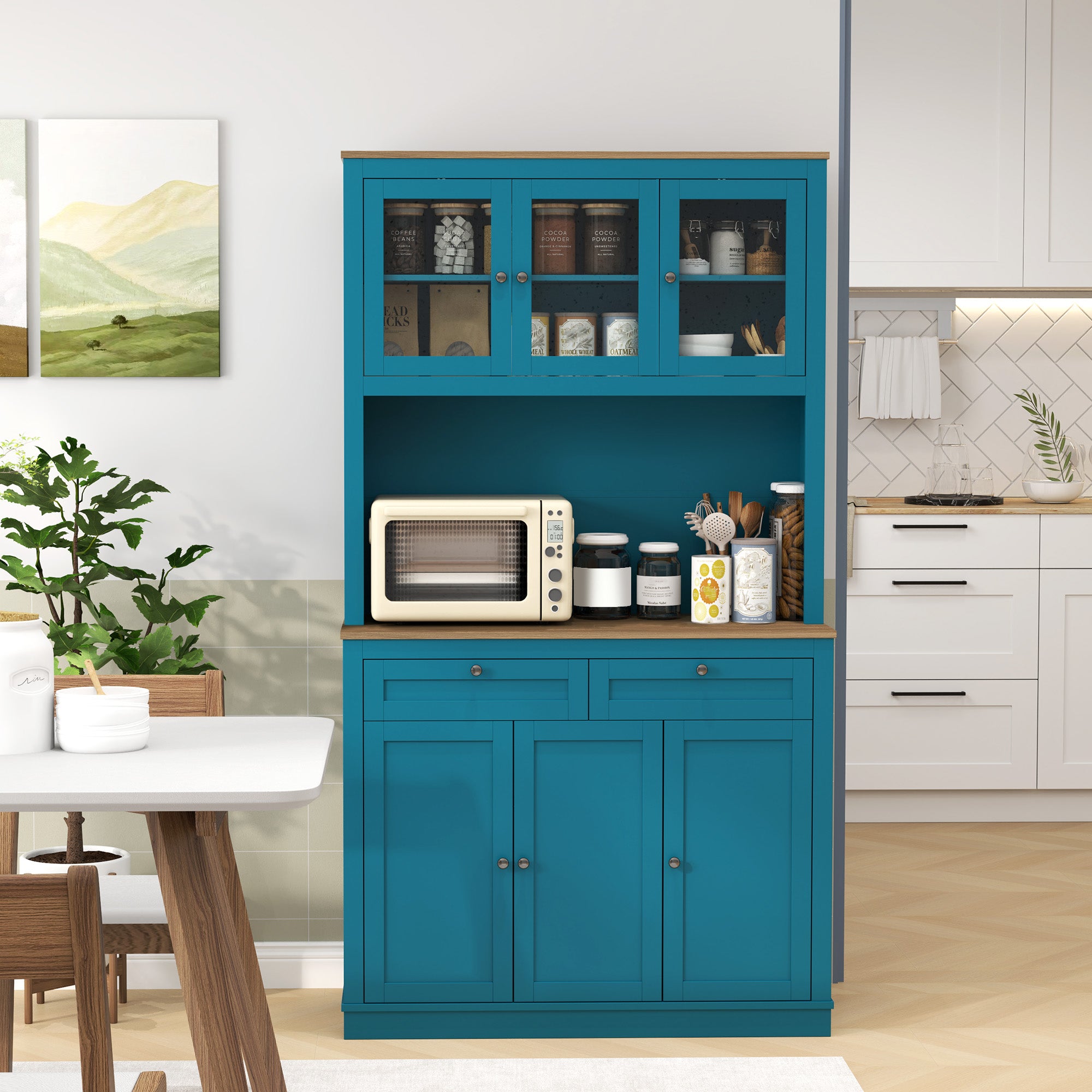 HOMCOM 71" Pantry Cabinet with Microwave Countertop, Tall Kitchen Hutch with 2 Drawers, Freestanding Storage Cabinet with Adjustable Shelves, Glass and Shaker Doors, Navy Blue