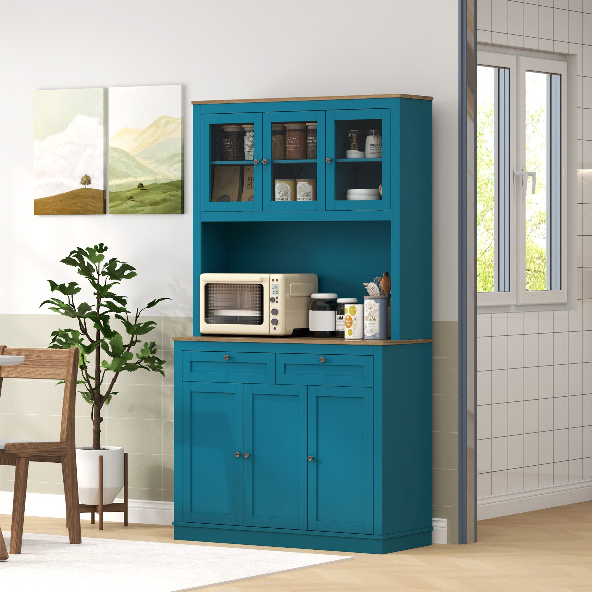 HOMCOM 71" Pantry Cabinet with Microwave Countertop, Tall Kitchen Hutch with 2 Drawers, Freestanding Storage Cabinet with Adjustable Shelves, Glass and Shaker Doors, Navy Blue