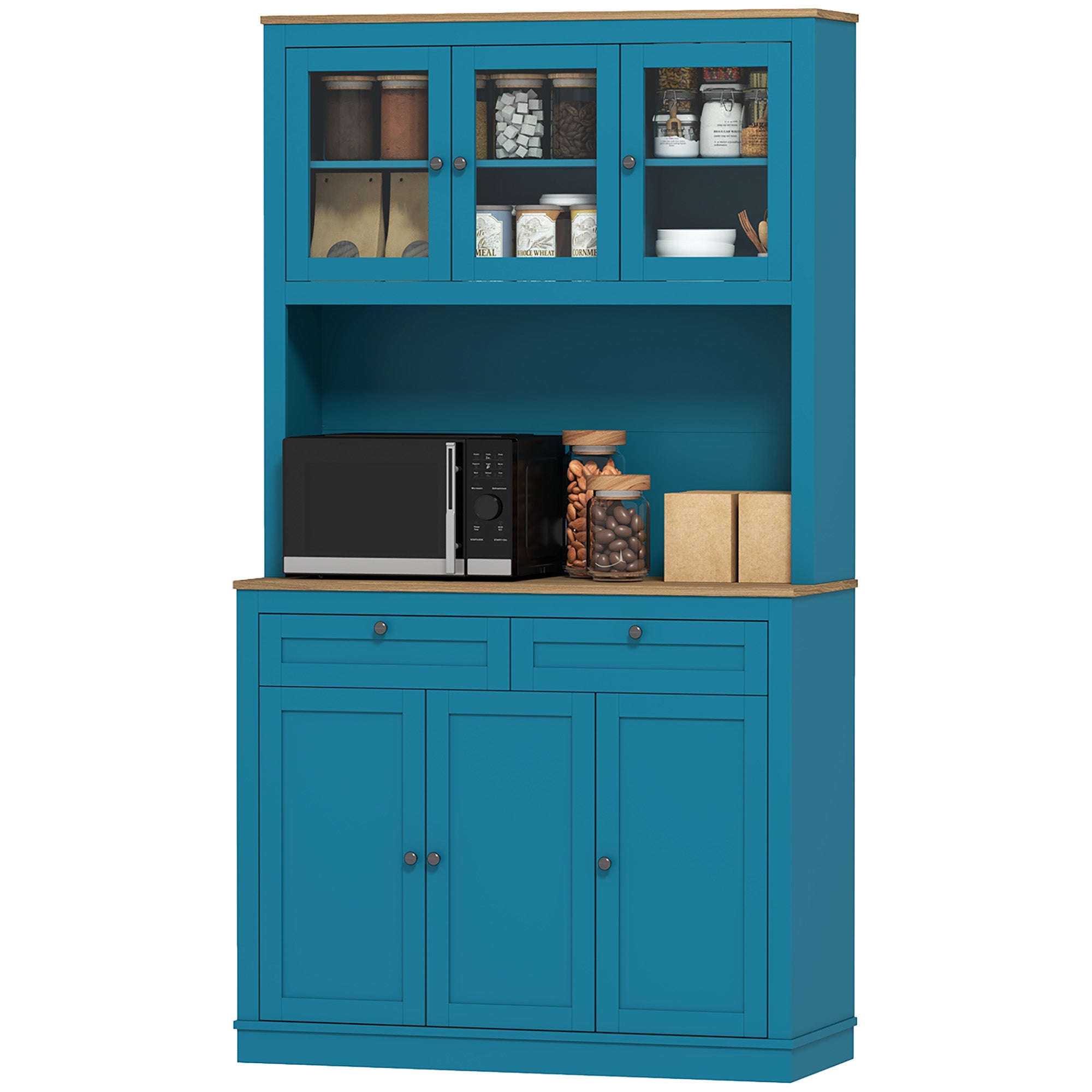 HOMCOM 71" Pantry Cabinet with Microwave Countertop, Tall Kitchen Hutch with 2 Drawers, Freestanding Storage Cabinet with Adjustable Shelves, Glass and Shaker Doors, Navy Blue