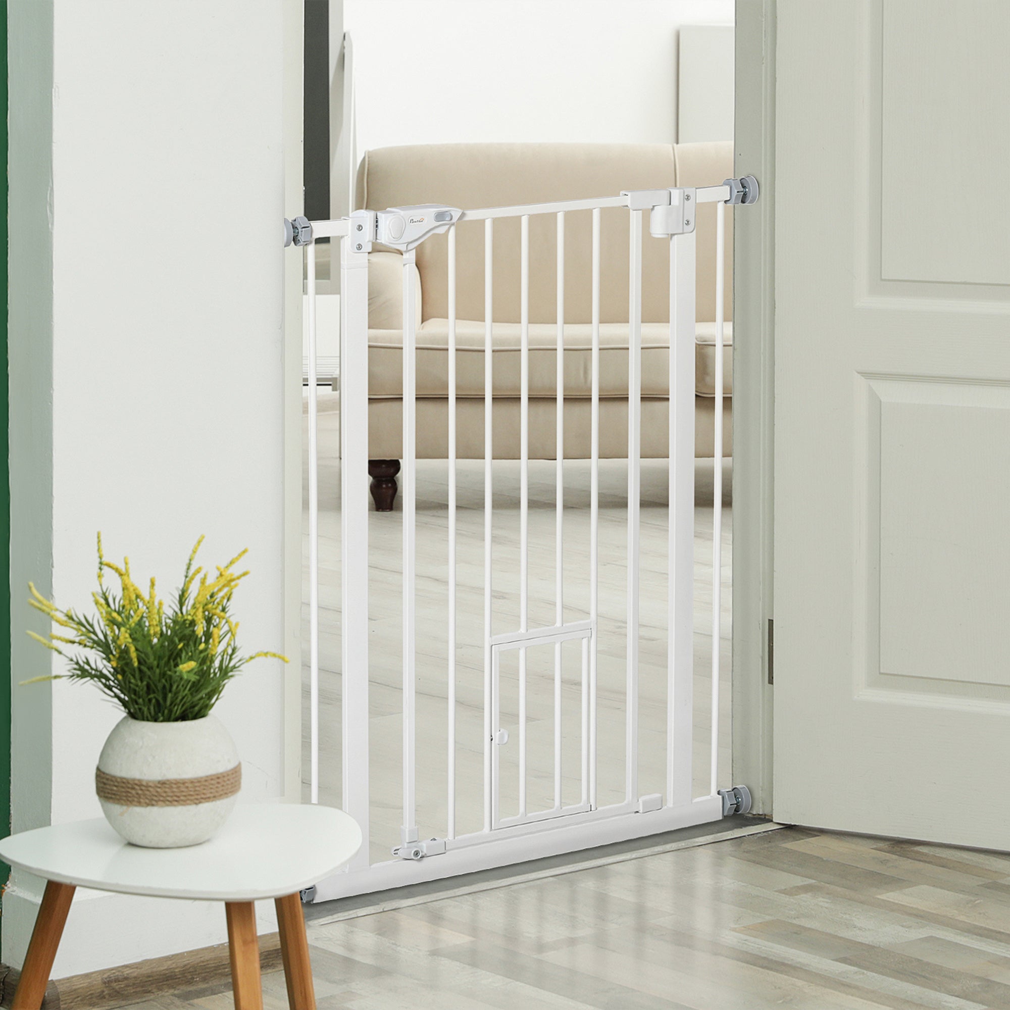 PawHut 36"H Dog Gate with Cat Door, Pet Gate with Small Door, Easy Open Indoor Dog Gates for Doorways, House, Stair, 29"-32" Long, White