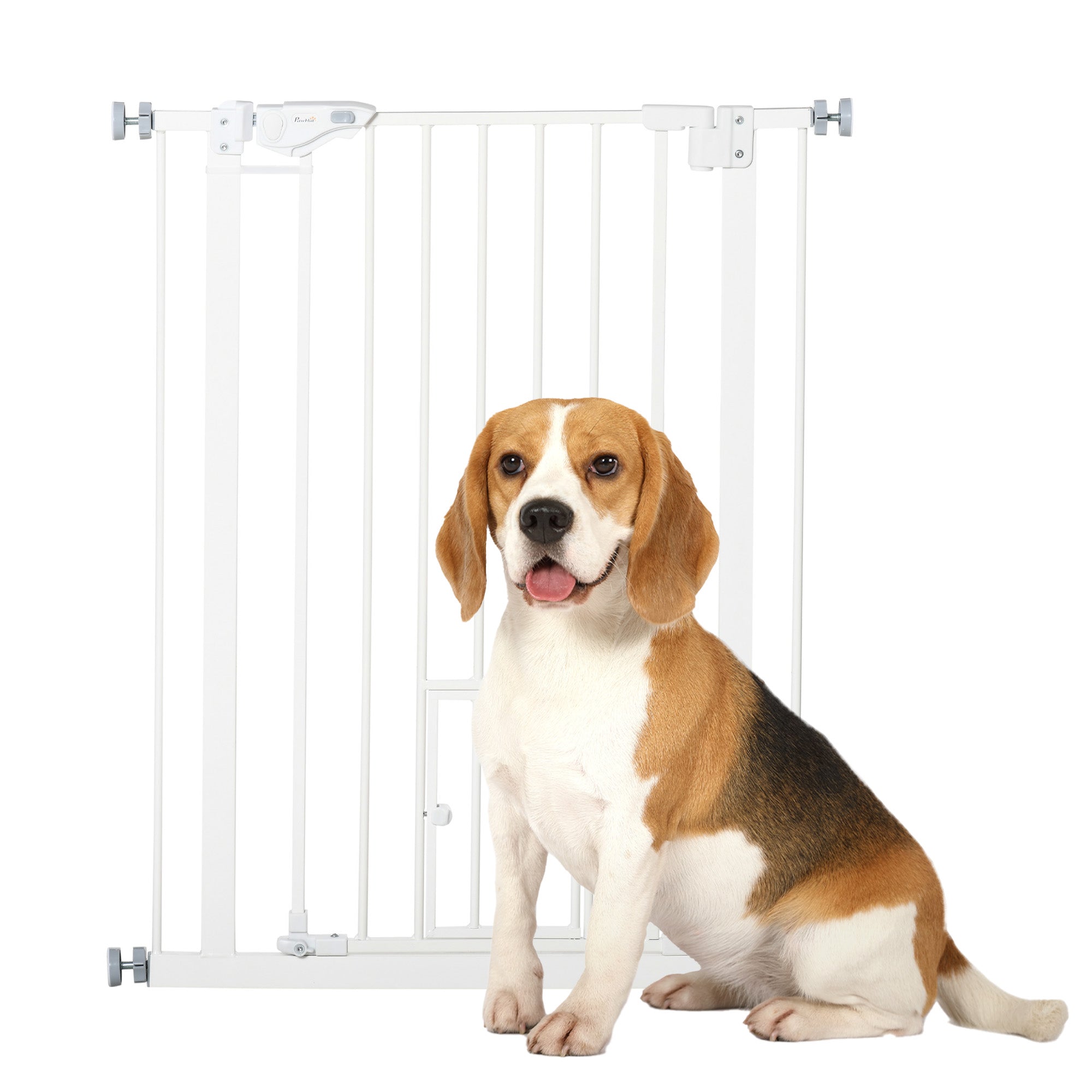 PawHut 36"H Dog Gate with Cat Door, Pet Gate with Small Door, Easy Open Indoor Dog Gates for Doorways, House, Stair, 29"-32" Long, White