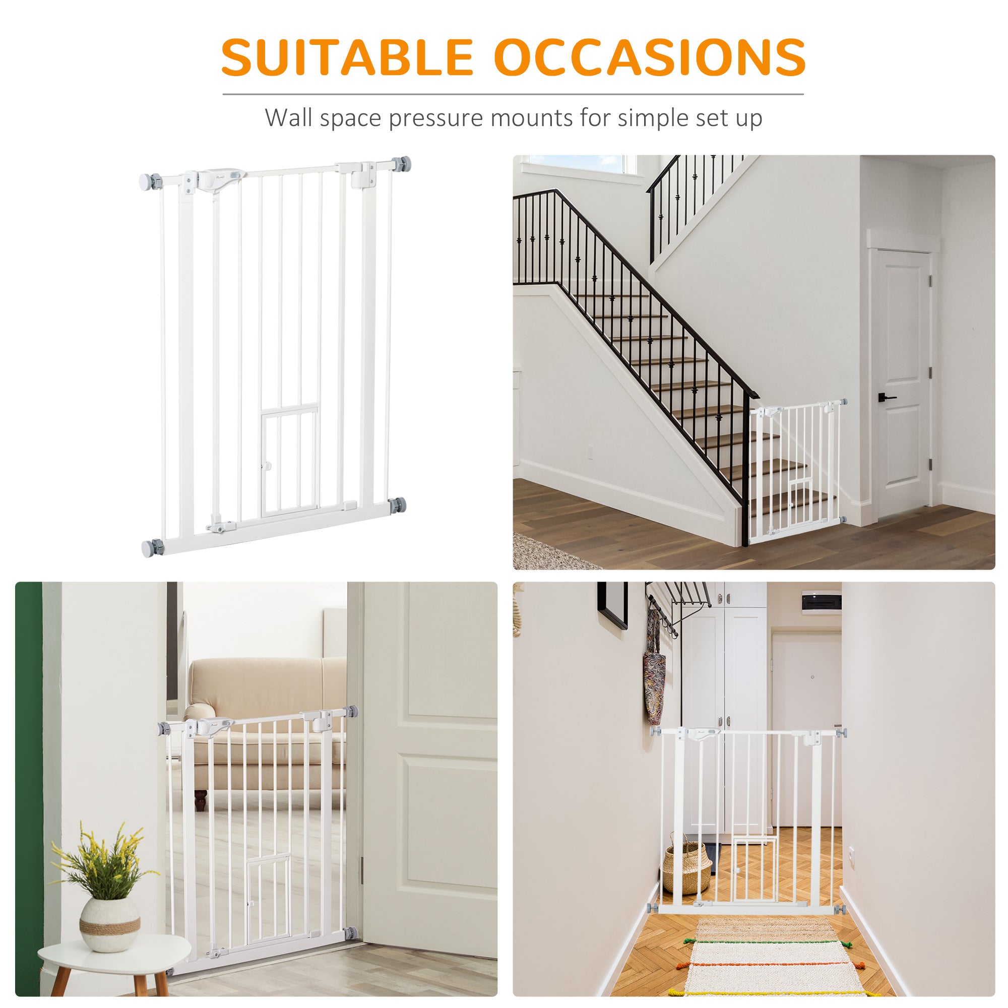 PawHut 36"H Dog Gate with Cat Door, Pet Gate with Small Door, Easy Open Indoor Dog Gates for Doorways, House, Stair, 29"-32" Long, White