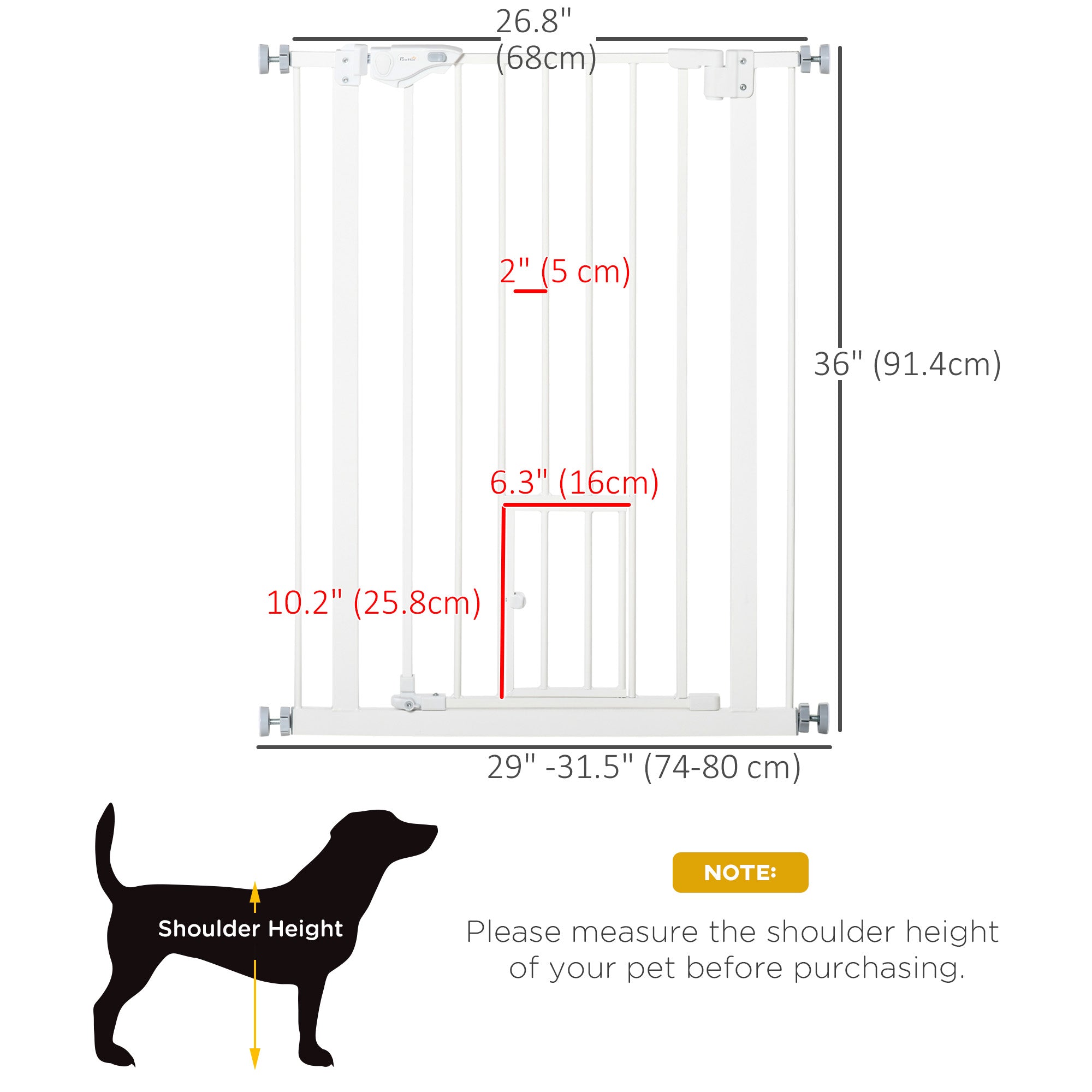PawHut 36"H Dog Gate with Cat Door, Pet Gate with Small Door, Easy Open Indoor Dog Gates for Doorways, House, Stair, 29"-32" Long, White