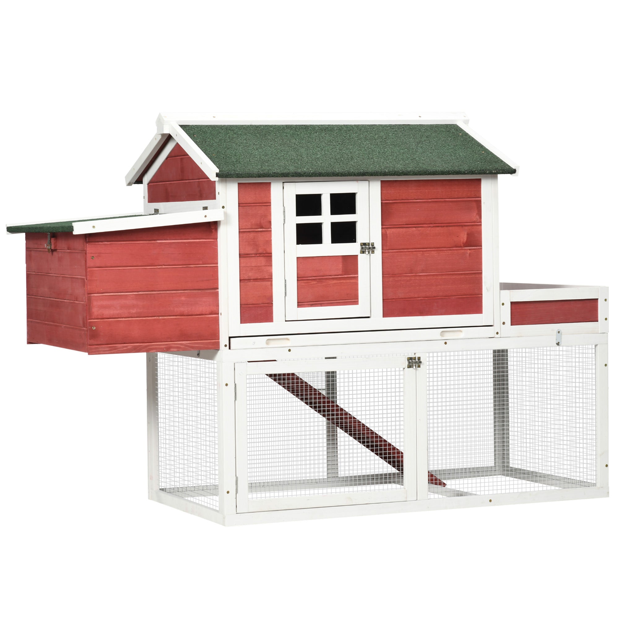 PawHut 63" Wooden Chicken Coop Hen House Poultry Cage for Outdoor Backyard with Raised Garden Bed, Run Area, Nesting Box and Removable Tray, Red