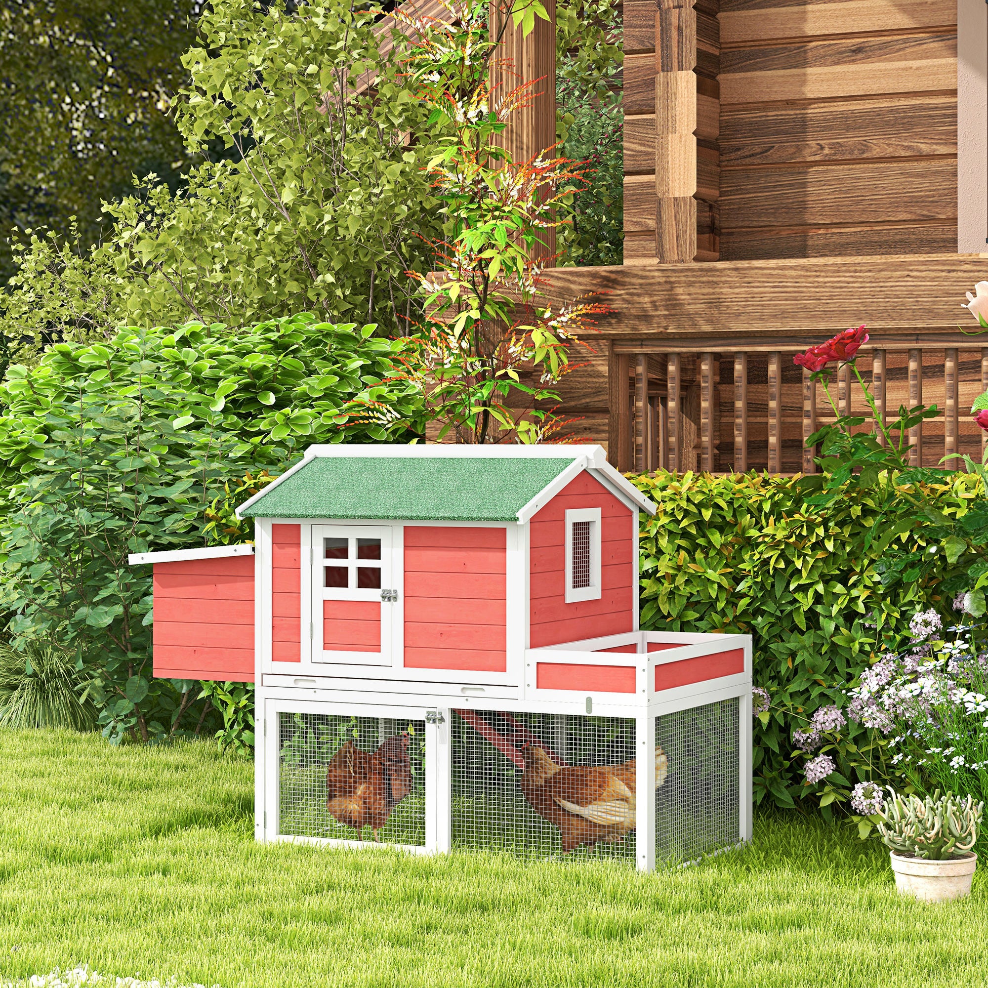 PawHut 63" Wooden Chicken Coop Hen House Poultry Cage for Outdoor Backyard with Raised Garden Bed, Run Area, Nesting Box and Removable Tray, Red