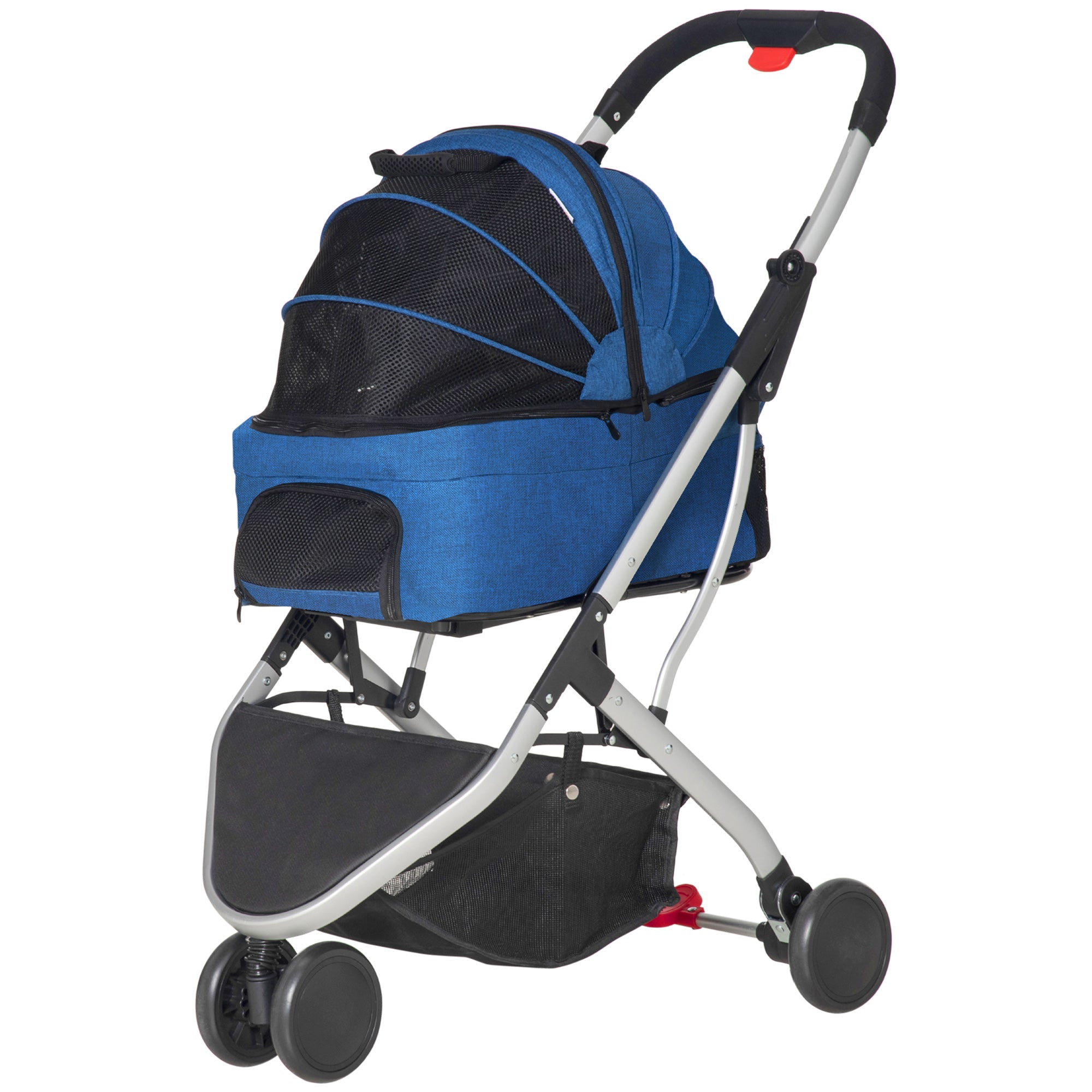 PawHut 2 In 1 Foldable Dog Stroller, Aluminium Pet Travel Carrier, with Adjustable Canopy, Universal Wheel, Brake, Basket Storage Bag, for Small Dogs Dark Blue