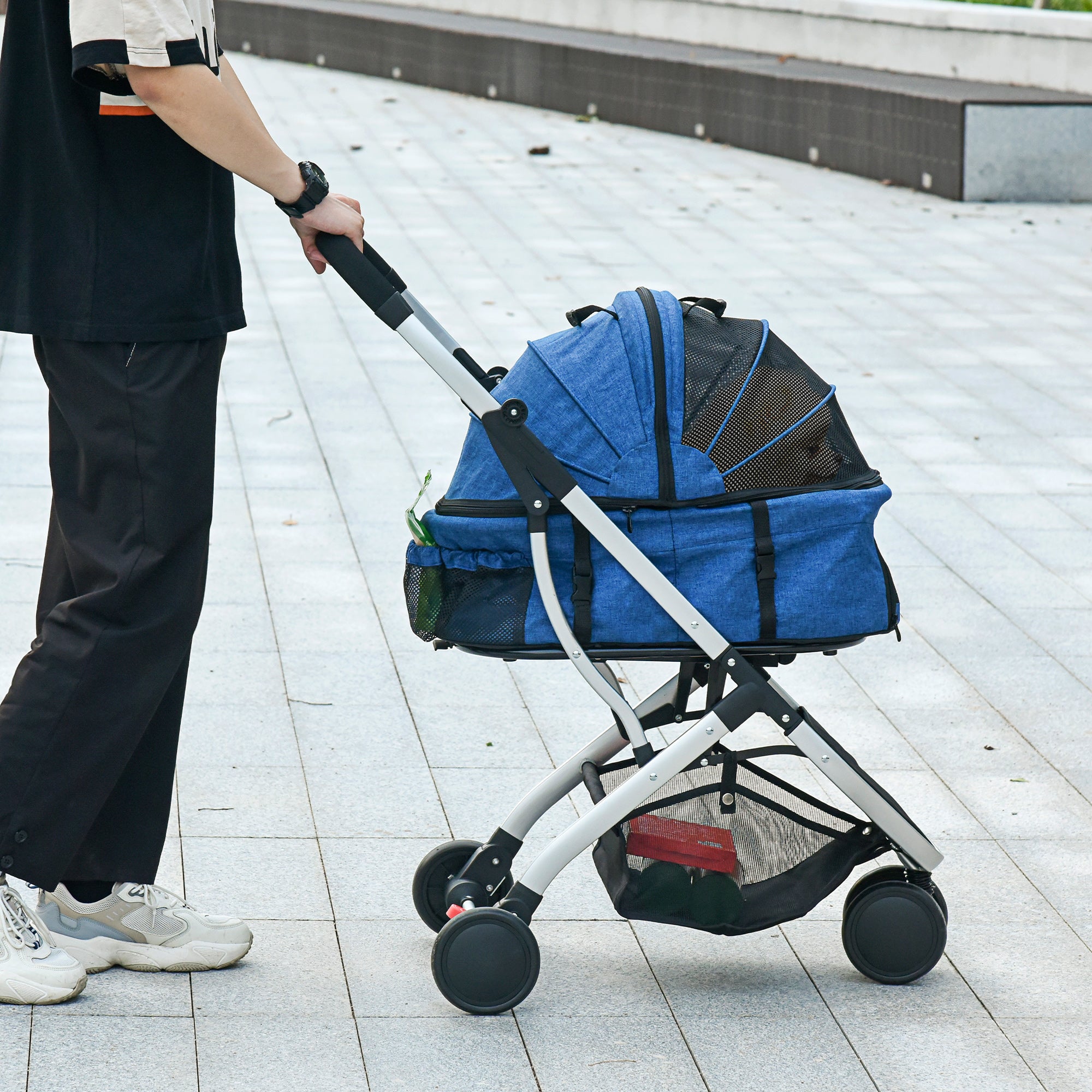 PawHut 2 In 1 Foldable Dog Stroller, Aluminium Pet Travel Carrier, with Adjustable Canopy, Universal Wheel, Brake, Basket Storage Bag, for Small Dogs Dark Blue