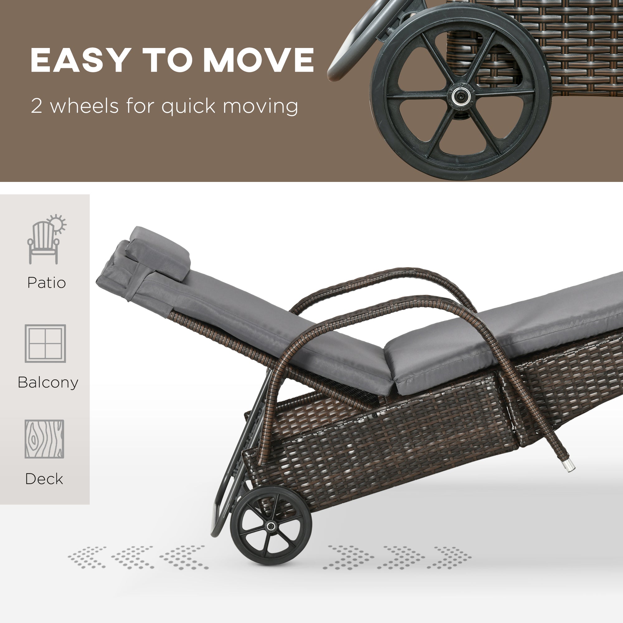 Outsunny 3 Pieces Wicker Patio Lounger Set with Table, PE Rattan Outdoor Lounge Chair Set with Cushions, Wheels, 5-Level Reclining Backrest, Headrest, Dark Grey