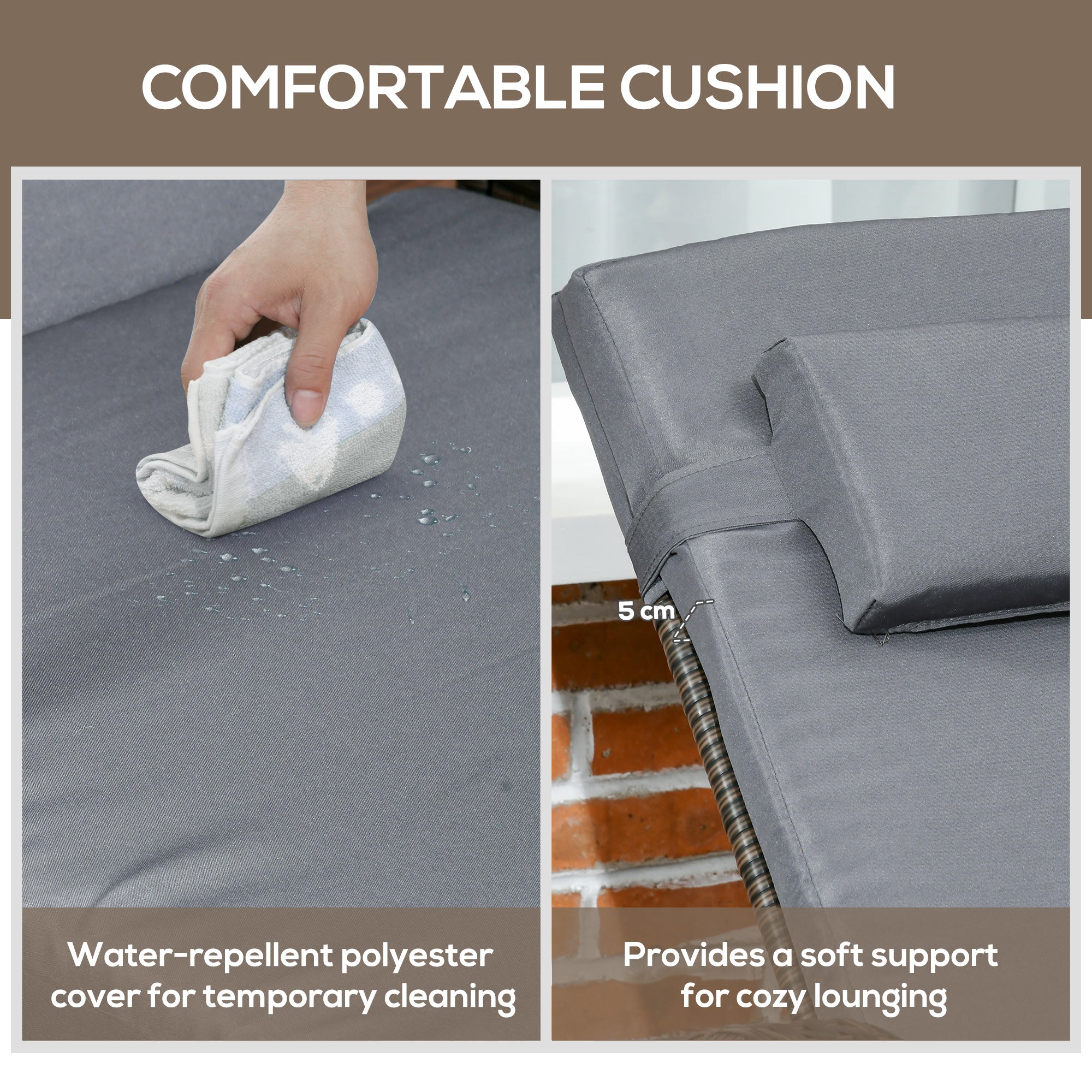 Outsunny 3 Pieces Wicker Patio Lounger Set with Table, PE Rattan Outdoor Lounge Chair Set with Cushions, Wheels, 5-Level Reclining Backrest, Headrest, Dark Grey