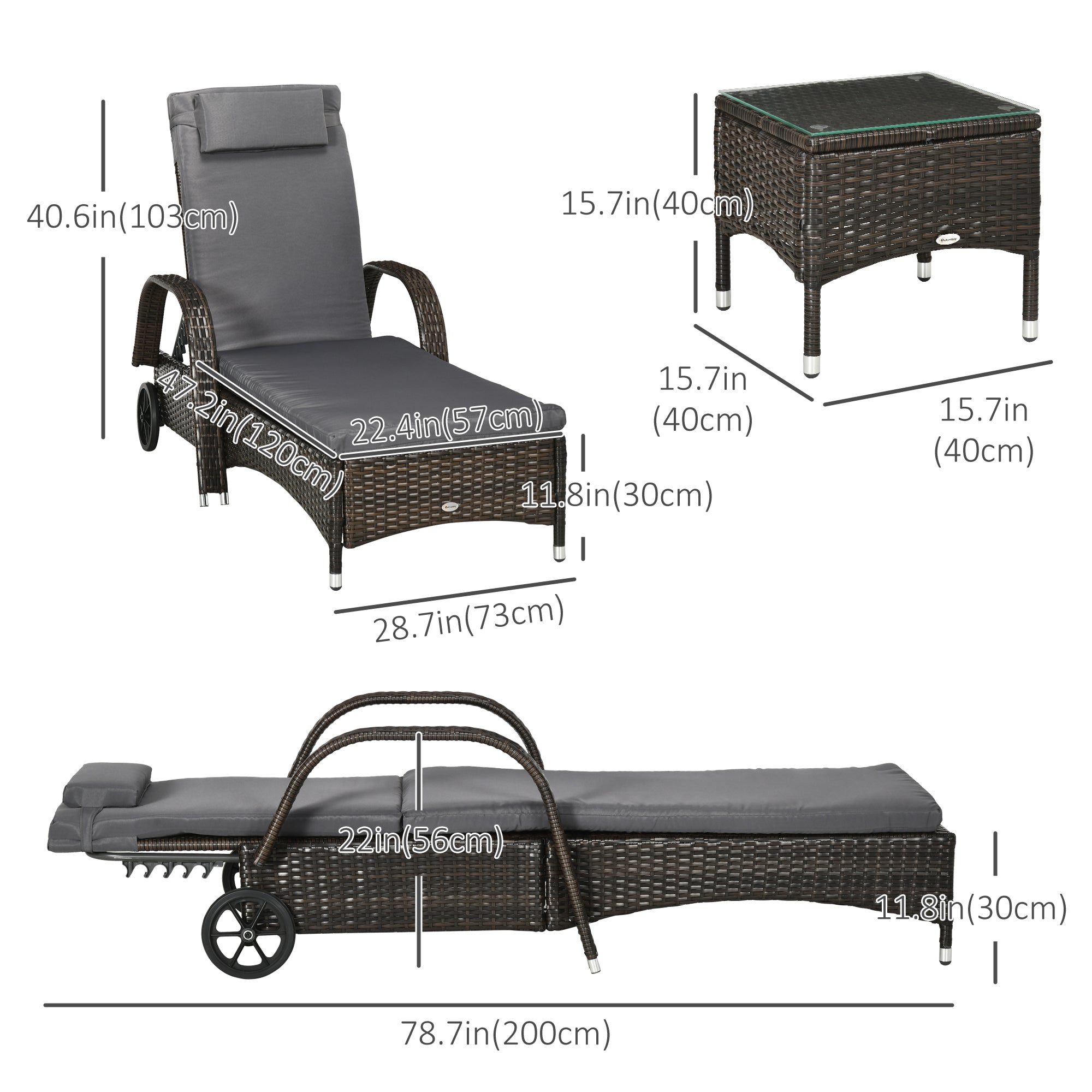 Outsunny 3 Pieces Wicker Patio Lounger Set with Table, PE Rattan Outdoor Lounge Chair Set with Cushions, Wheels, 5-Level Reclining Backrest, Headrest, Dark Grey