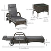 Outsunny 3 Pieces Wicker Patio Lounger Set with Table, PE Rattan Outdoor Lounge Chair Set with Cushions, Wheels, 5-Level Reclining Backrest, Headrest, Dark Grey