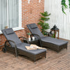 Outsunny 3 Pieces Wicker Patio Lounger Set with Table, PE Rattan Outdoor Lounge Chair Set with Cushions, Wheels, 5-Level Reclining Backrest, Headrest, Dark Grey