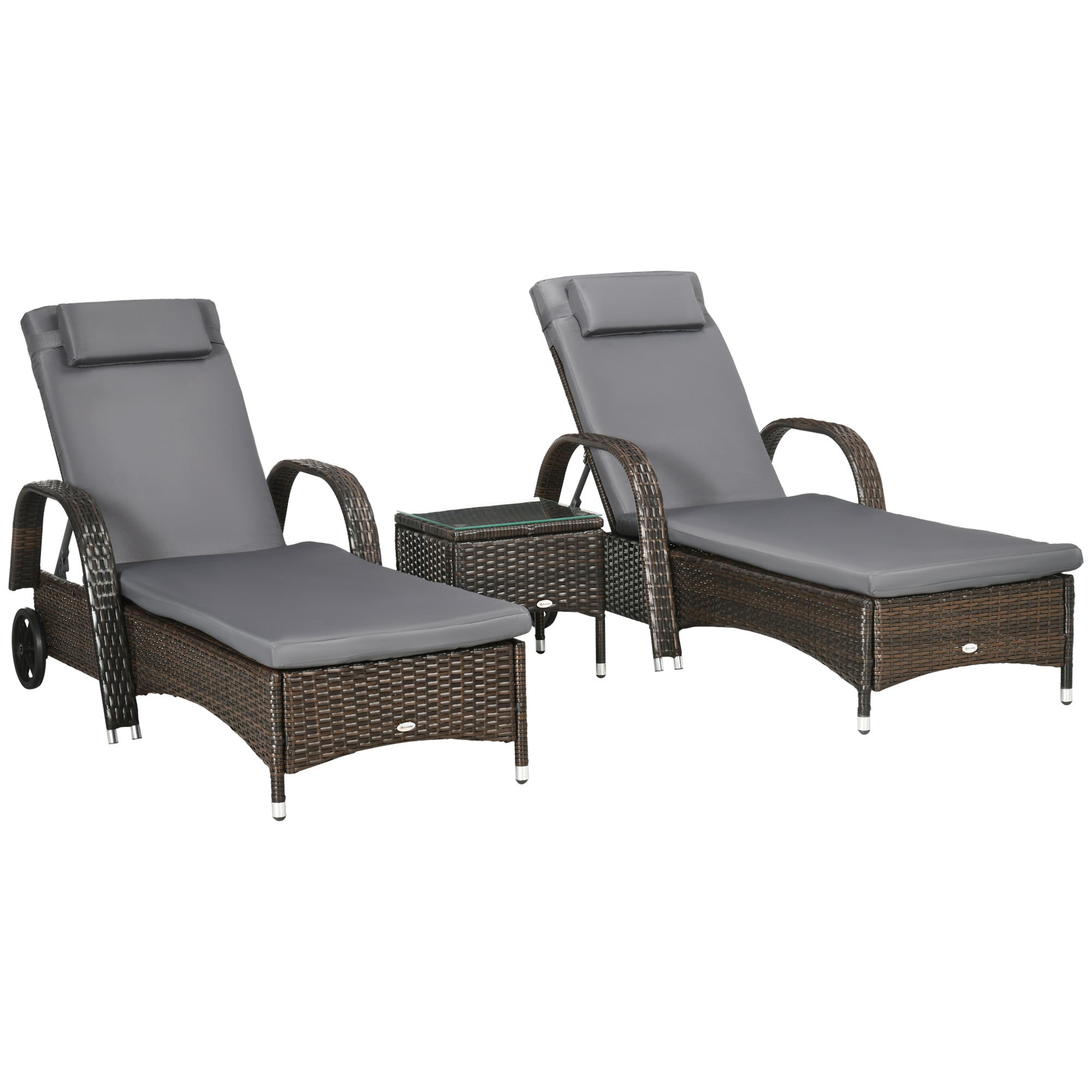 Outsunny 3 Pieces Wicker Patio Lounger Set with Table, PE Rattan Outdoor Lounge Chair Set with Cushions, Wheels, 5-Level Reclining Backrest, Headrest, Dark Grey