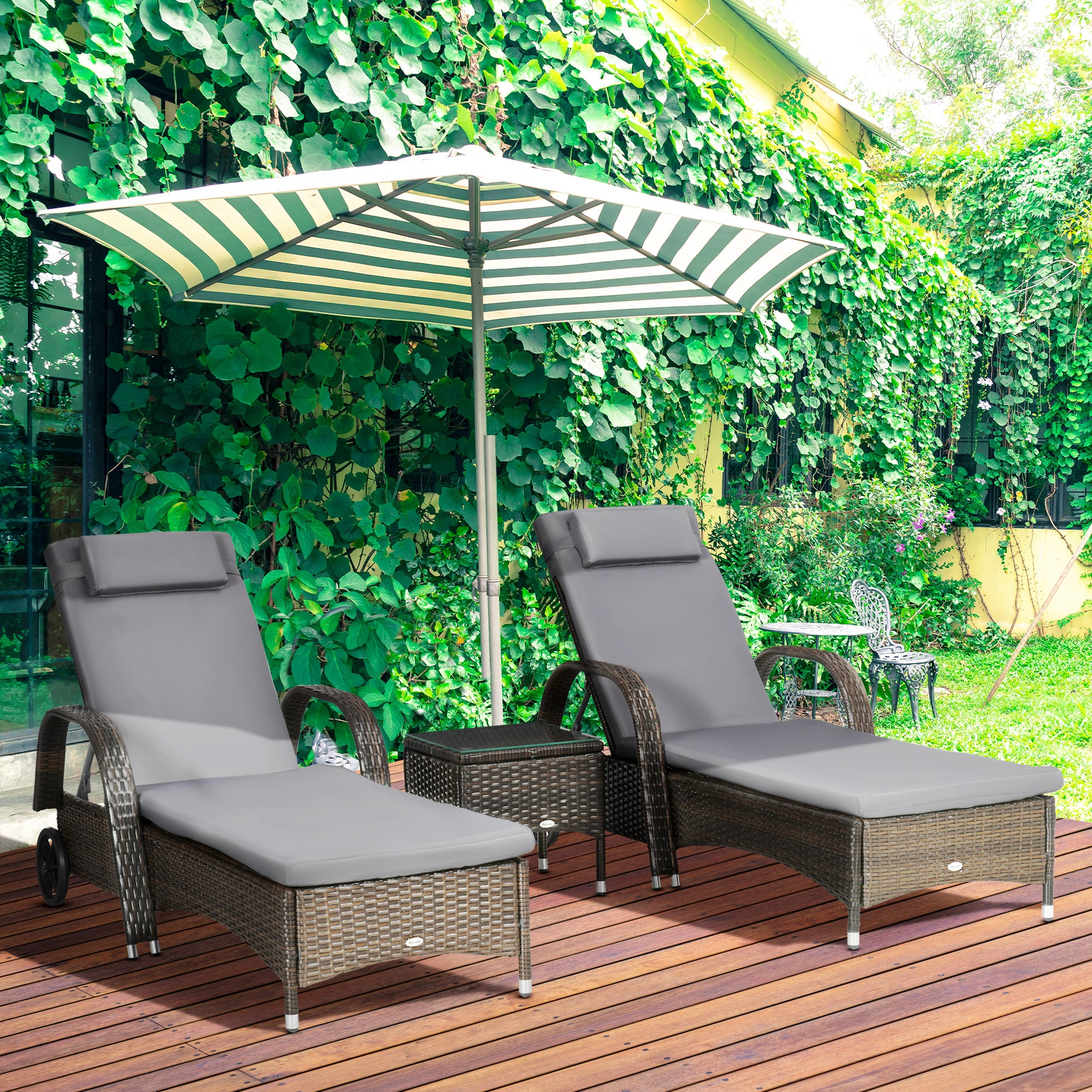 Outsunny 3 Pieces Wicker Patio Lounger Set with Table, PE Rattan Outdoor Lounge Chair Set with Cushions, Wheels, 5-Level Reclining Backrest, Headrest, Dark Grey