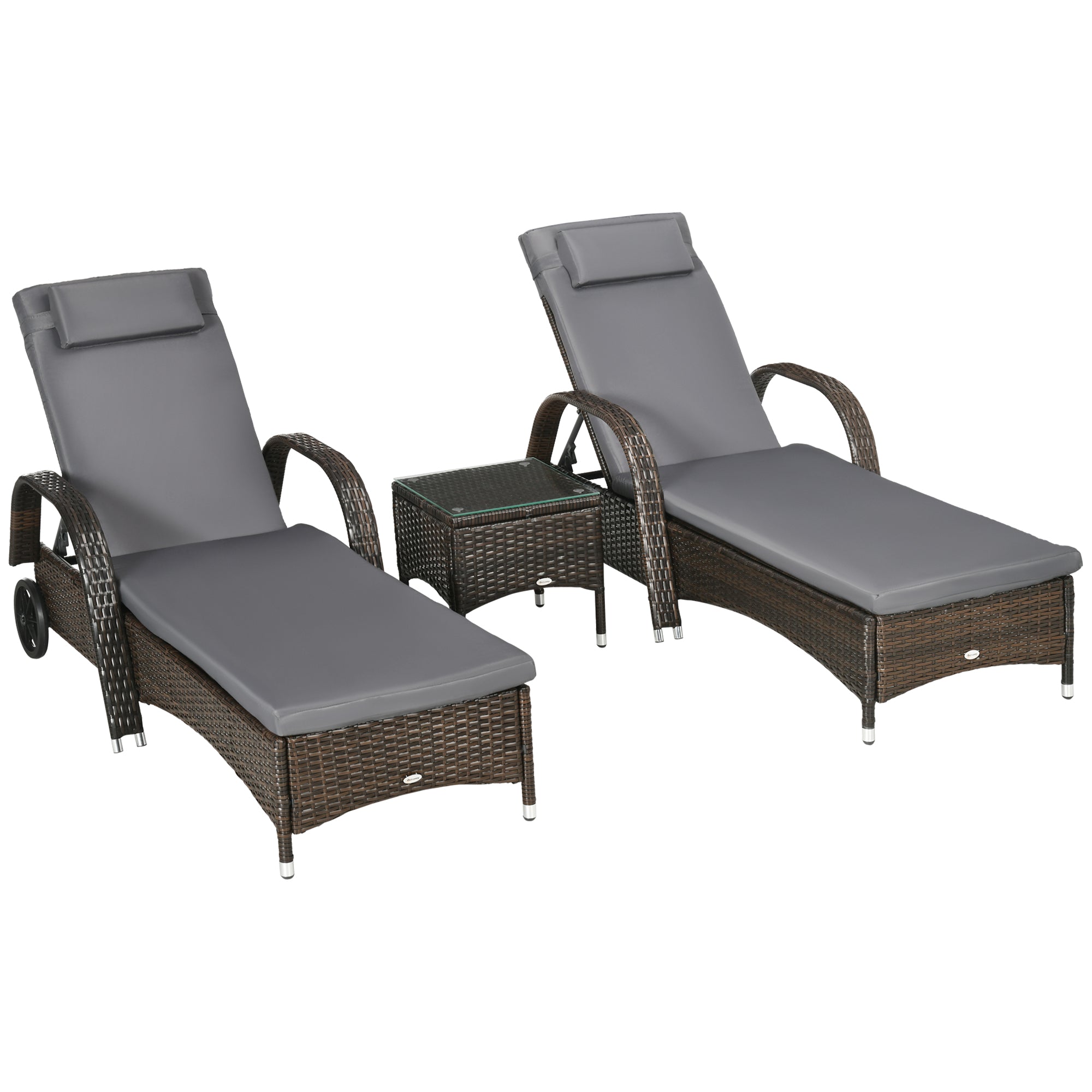 Outsunny 3 Pieces Wicker Patio Lounger Set with Table, PE Rattan Outdoor Lounge Chair Set with Cushions, Wheels, 5-Level Reclining Backrest, Headrest, Dark Grey