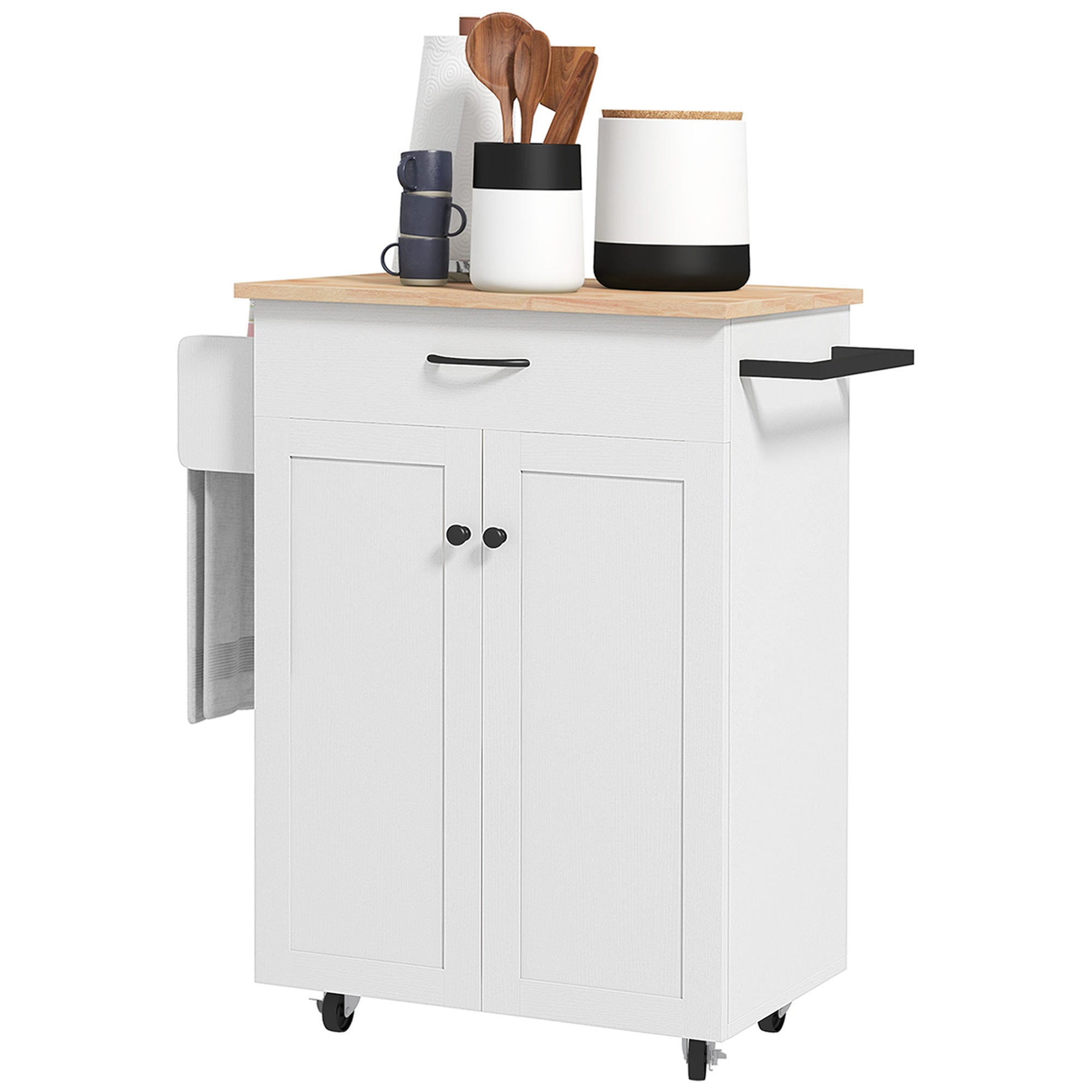 HOMCOM Kitchen Island with Storage, Rolling Kitchen Cart with Rubberwood Top, Drawer, Spice Rack, Towel Rack, Cabinet and Adjustable Shelf (Distressed White)