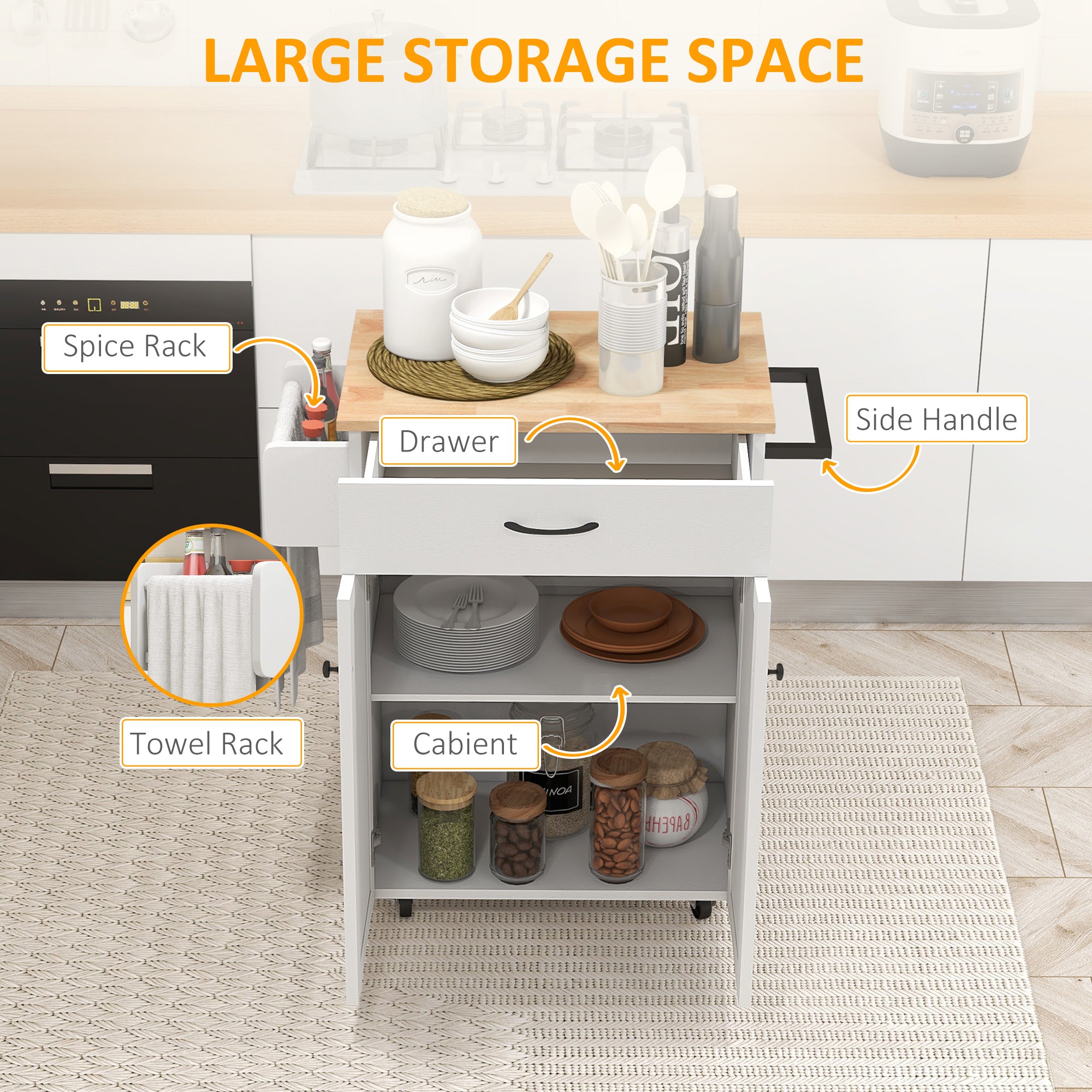 HOMCOM Kitchen Island with Storage, Rolling Kitchen Cart with Rubberwood Top, Drawer, Spice Rack, Towel Rack, Cabinet and Adjustable Shelf (Distressed White)