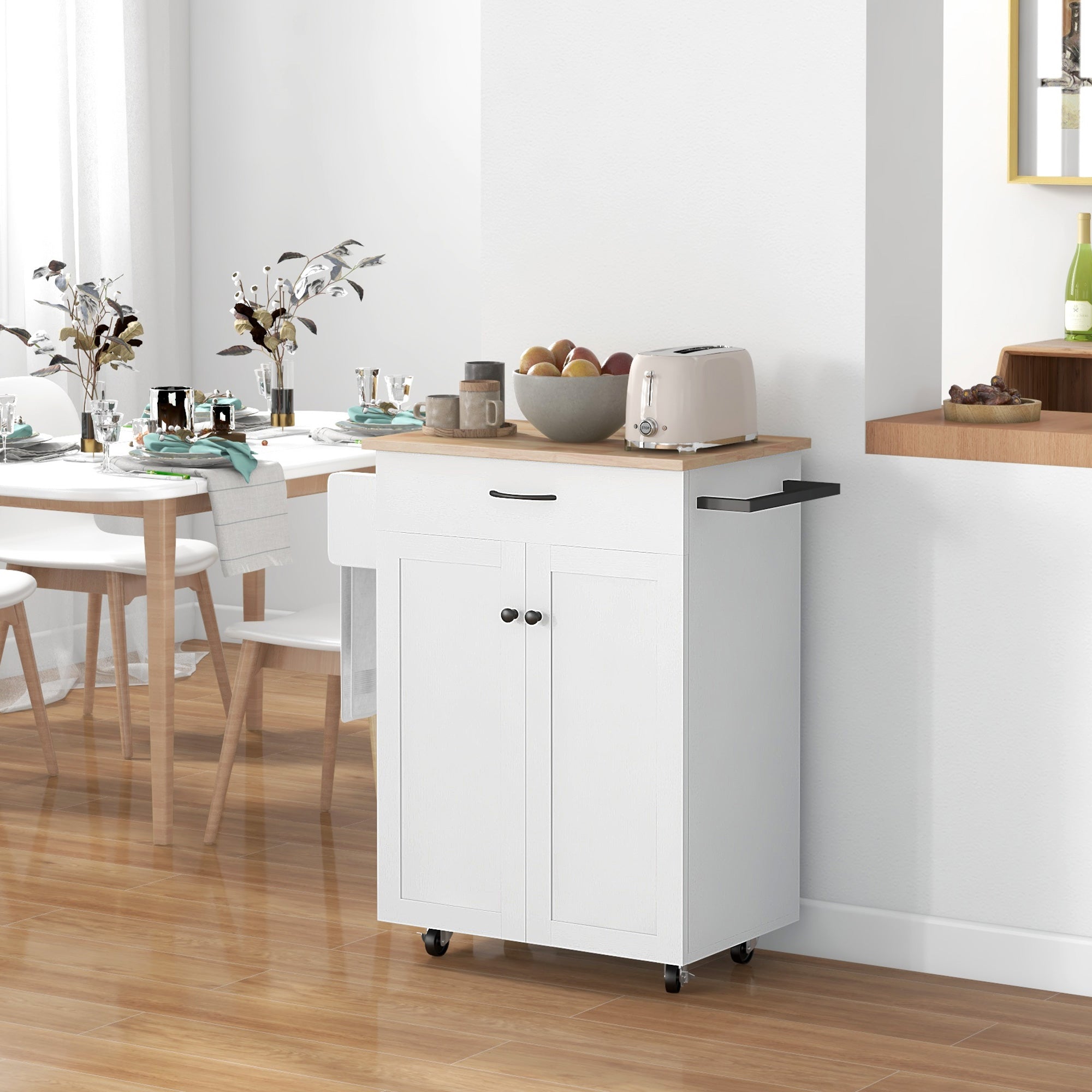 HOMCOM Kitchen Island with Storage, Rolling Kitchen Cart with Rubberwood Top, Drawer, Spice Rack, Towel Rack, Cabinet and Adjustable Shelf (Distressed White)