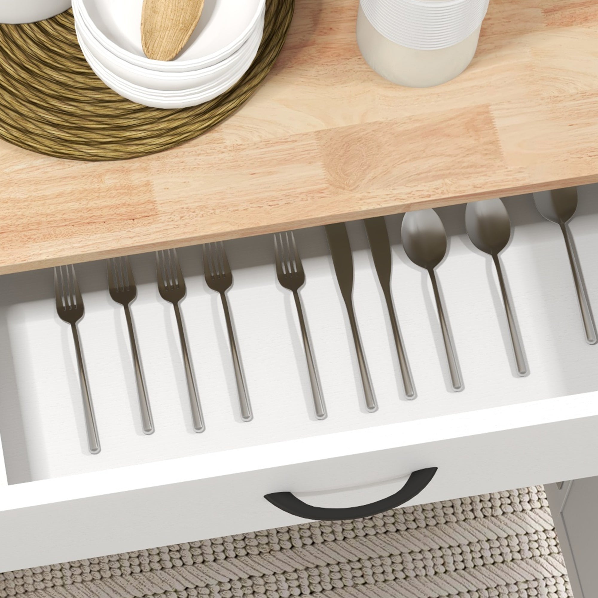 HOMCOM Kitchen Island with Storage, Rolling Kitchen Cart with Rubberwood Top, Drawer, Spice Rack, Towel Rack, Cabinet and Adjustable Shelf (Distressed White)