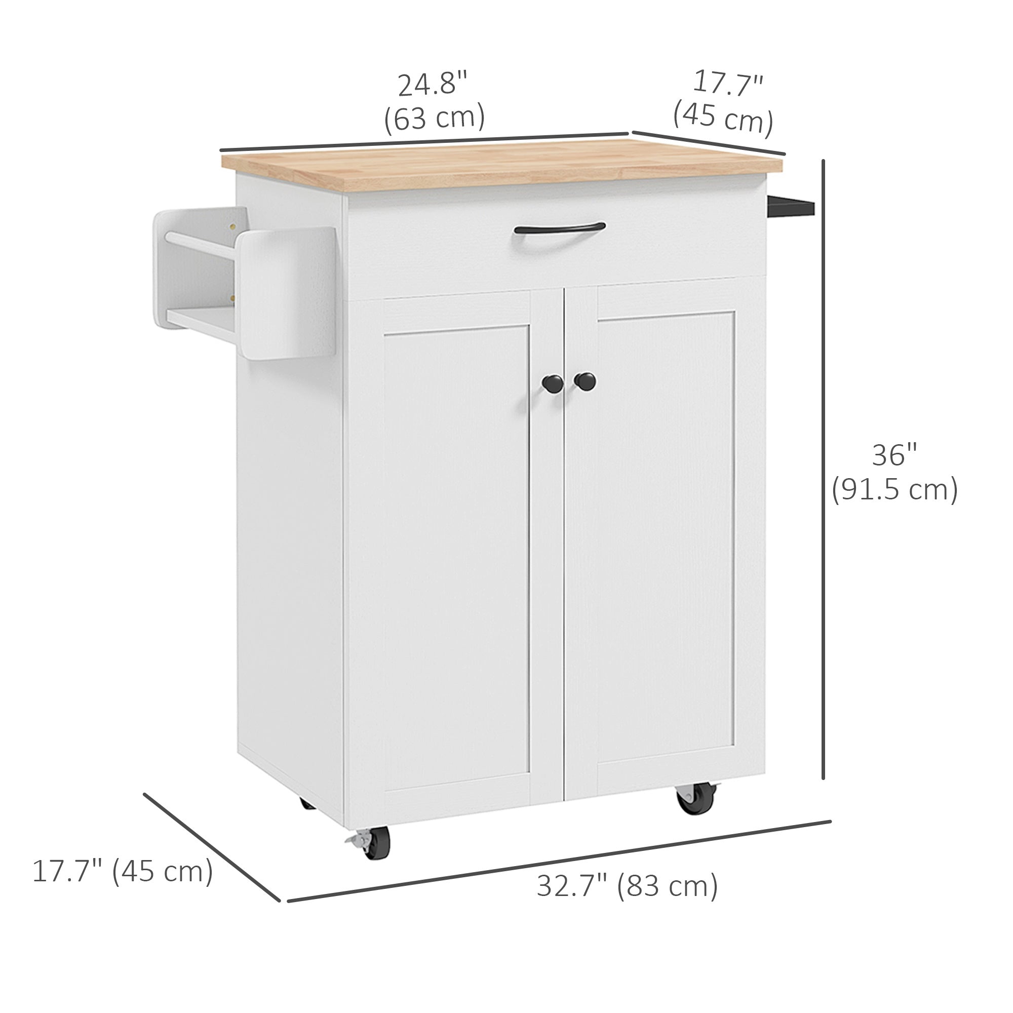 HOMCOM Kitchen Island with Storage, Rolling Kitchen Cart with Rubberwood Top, Drawer, Spice Rack, Towel Rack, Cabinet and Adjustable Shelf (Distressed White)