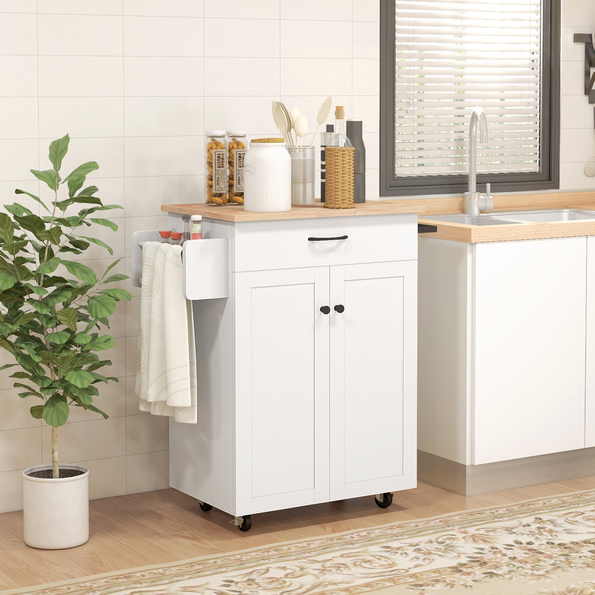HOMCOM Kitchen Island with Storage, Rolling Kitchen Cart with Rubberwood Top, Drawer, Spice Rack, Towel Rack, Cabinet and Adjustable Shelf (Distressed White)