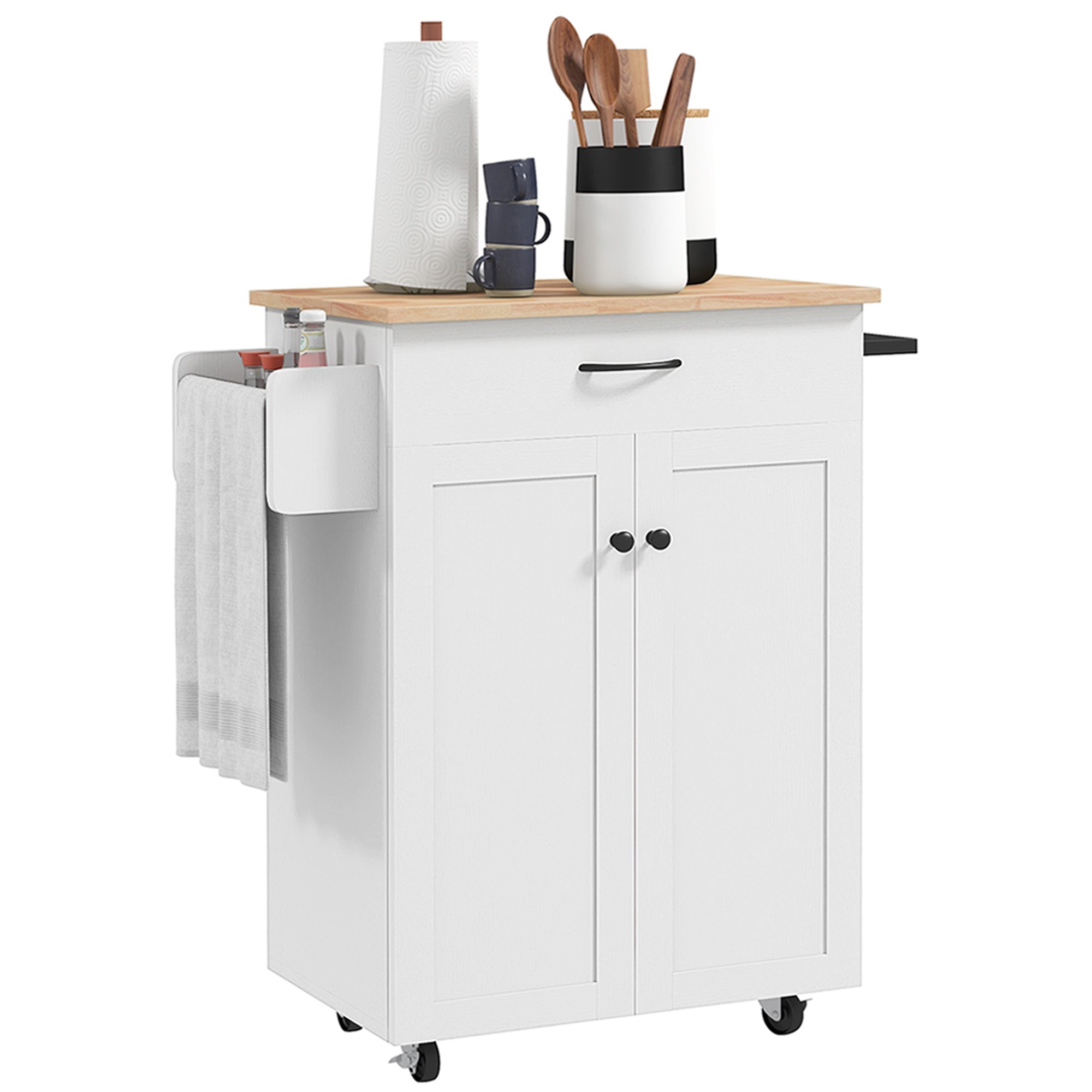 HOMCOM Kitchen Island with Storage, Rolling Kitchen Cart with Rubberwood Top, Drawer, Spice Rack, Towel Rack, Cabinet and Adjustable Shelf (Distressed White)