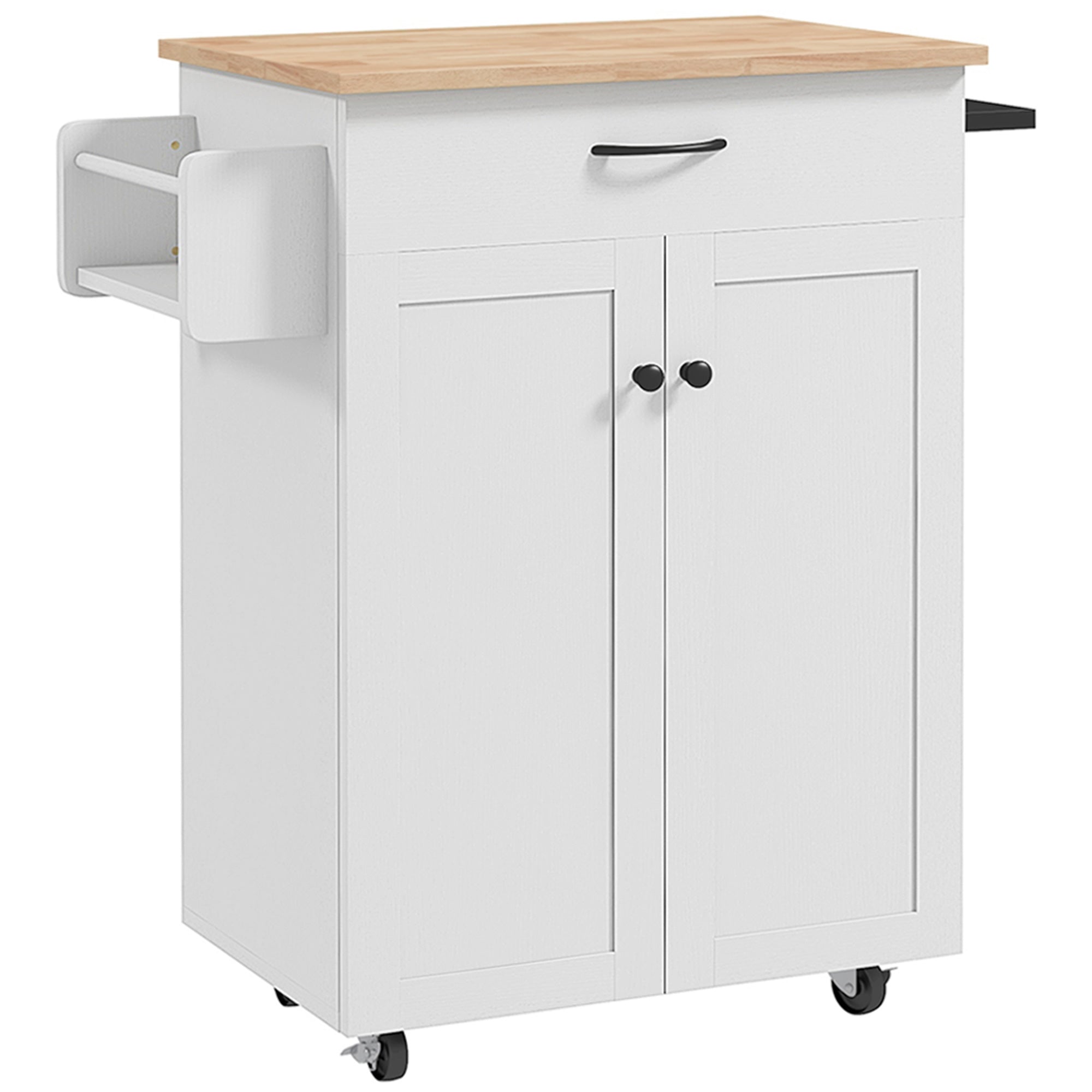 HOMCOM Kitchen Island with Storage, Rolling Kitchen Cart with Rubberwood Top, Drawer, Spice Rack, Towel Rack, Cabinet and Adjustable Shelf (Distressed White)
