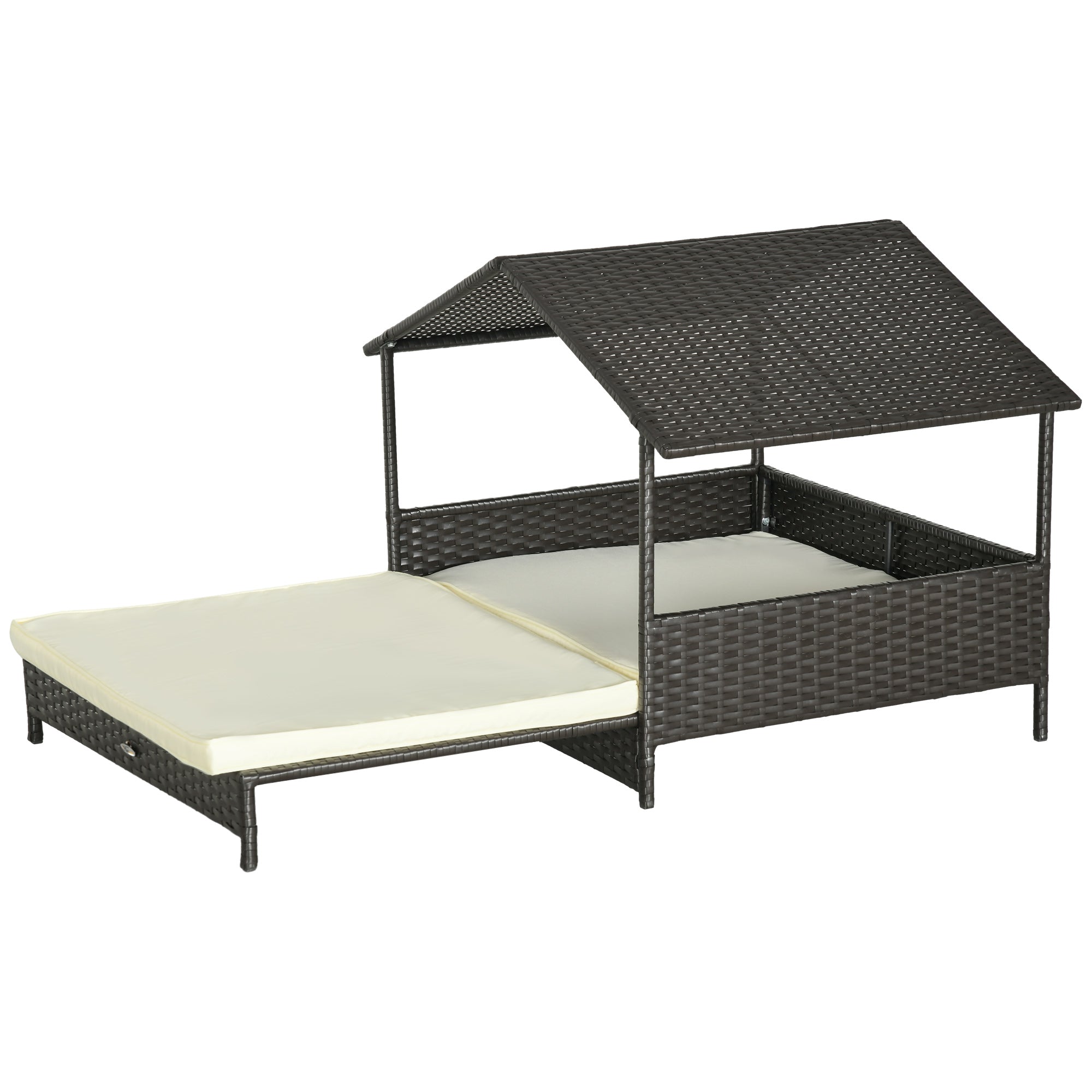 PawHut Elevated Rattan Dog House Outdoor with Canopy, Extendable Wicker Dog Bed with Water-Resistant Cushion, for Small and Medium Dogs Cream White