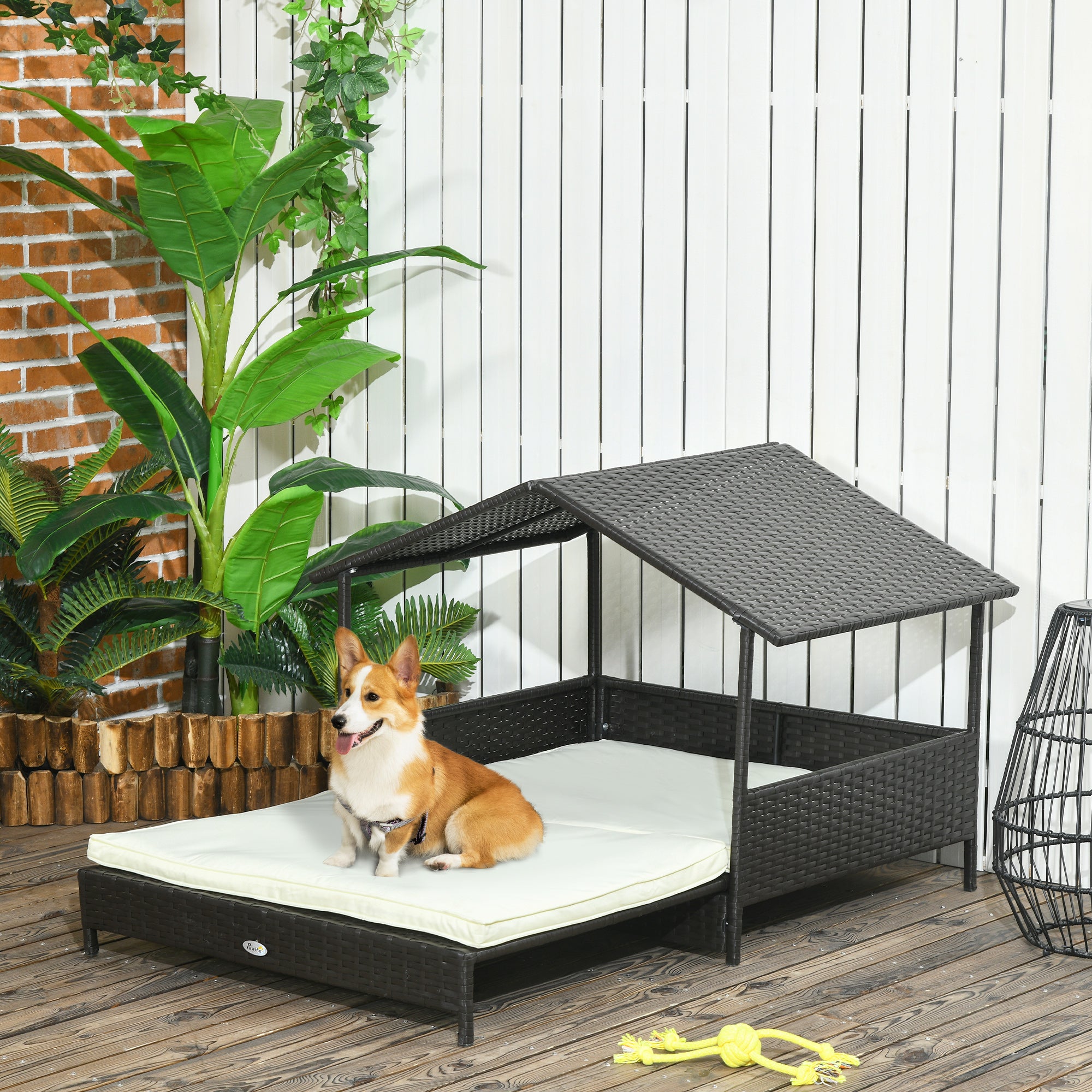 PawHut Elevated Rattan Dog House Outdoor with Canopy, Extendable Wicker Dog Bed with Water-Resistant Cushion, for Small and Medium Dogs Cream White