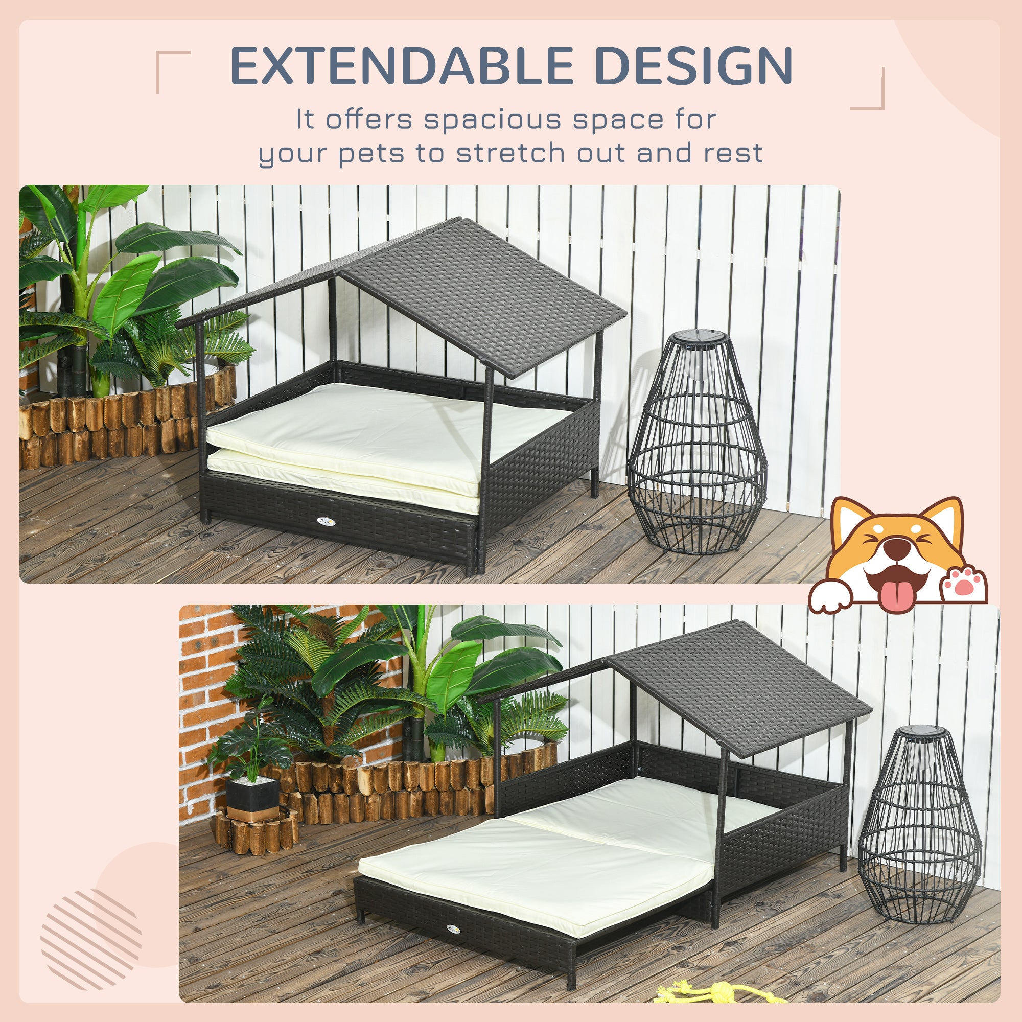 PawHut Elevated Rattan Dog House Outdoor with Canopy, Extendable Wicker Dog Bed with Water-Resistant Cushion, for Small and Medium Dogs Cream White