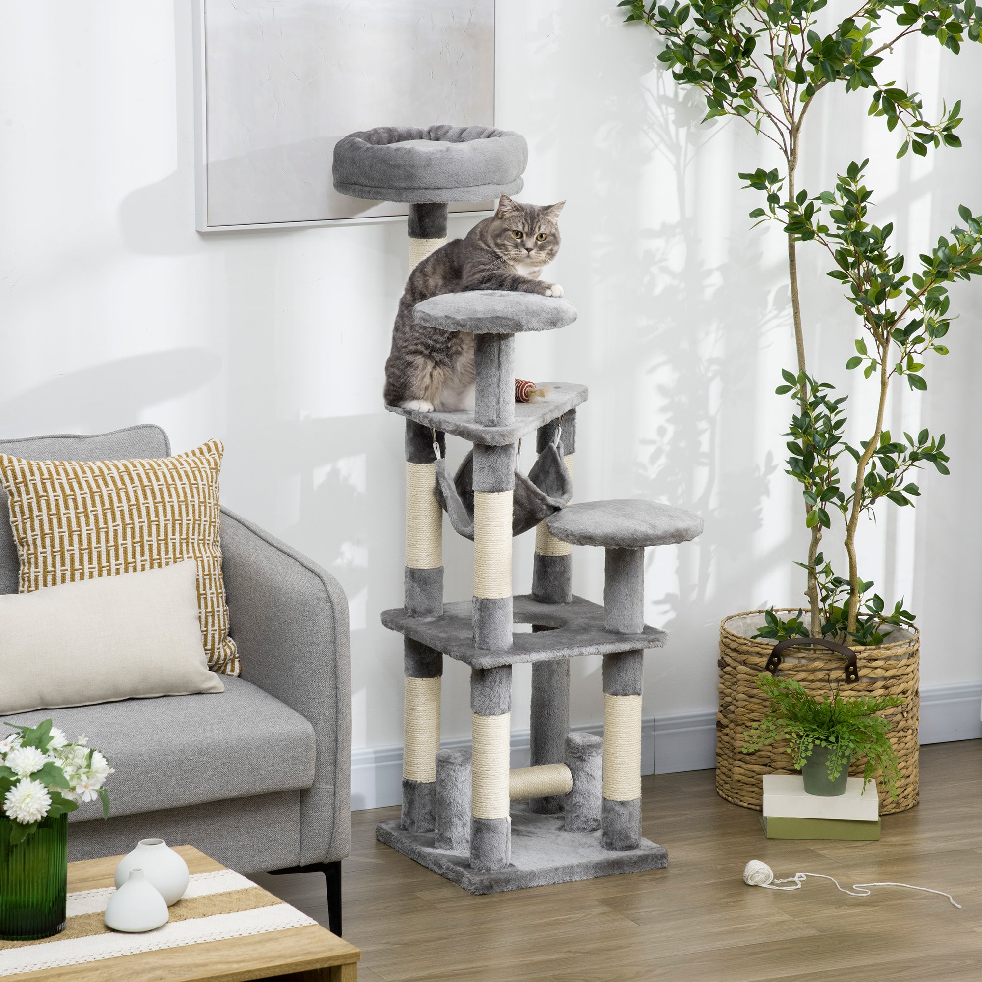 PawHut Cat Tree, 52" Multi-Level Cat Tower with Hammock, Cat Bed, Sisal Scratching Posts, Grey