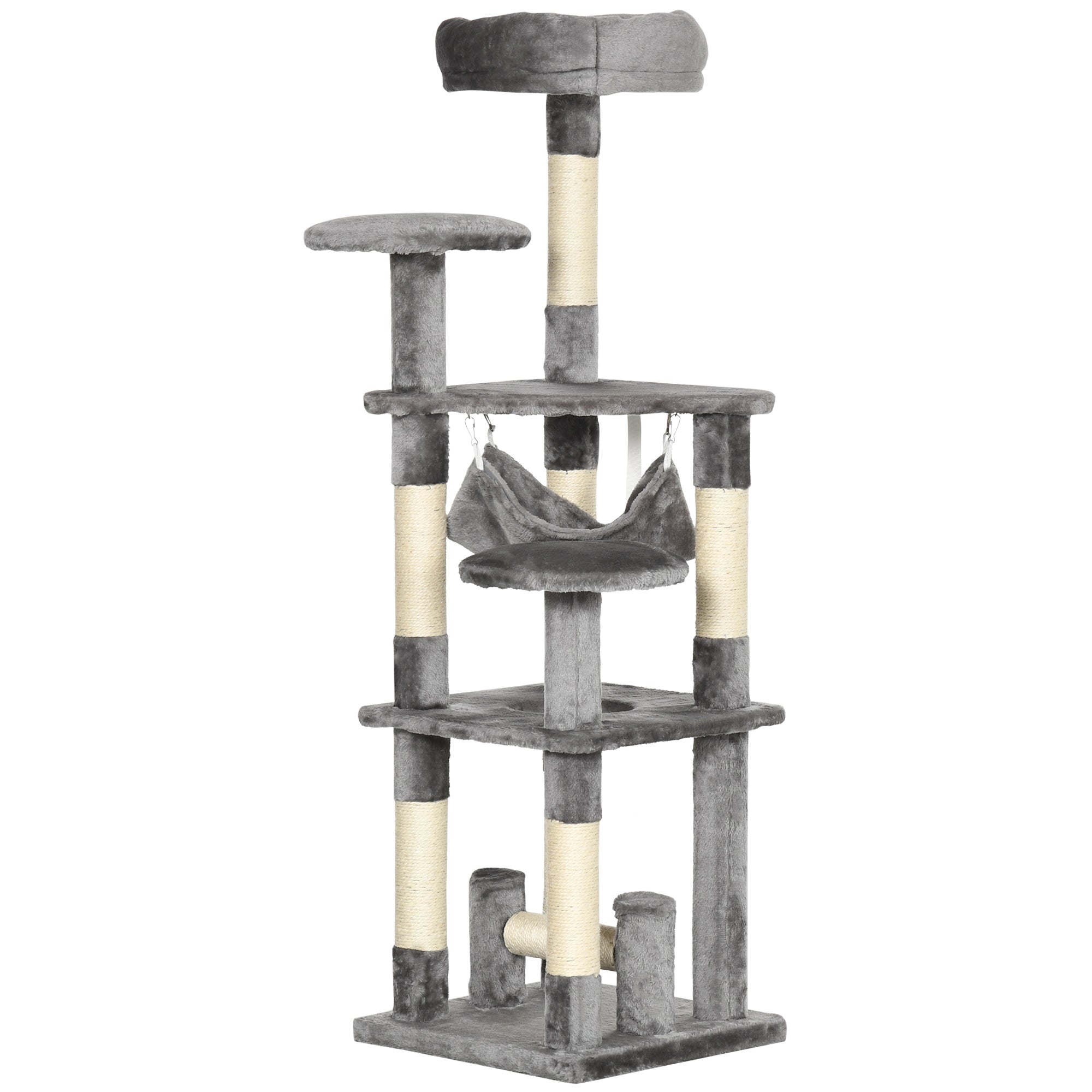 PawHut Cat Tree, 52" Multi-Level Cat Tower with Hammock, Cat Bed, Sisal Scratching Posts, Grey