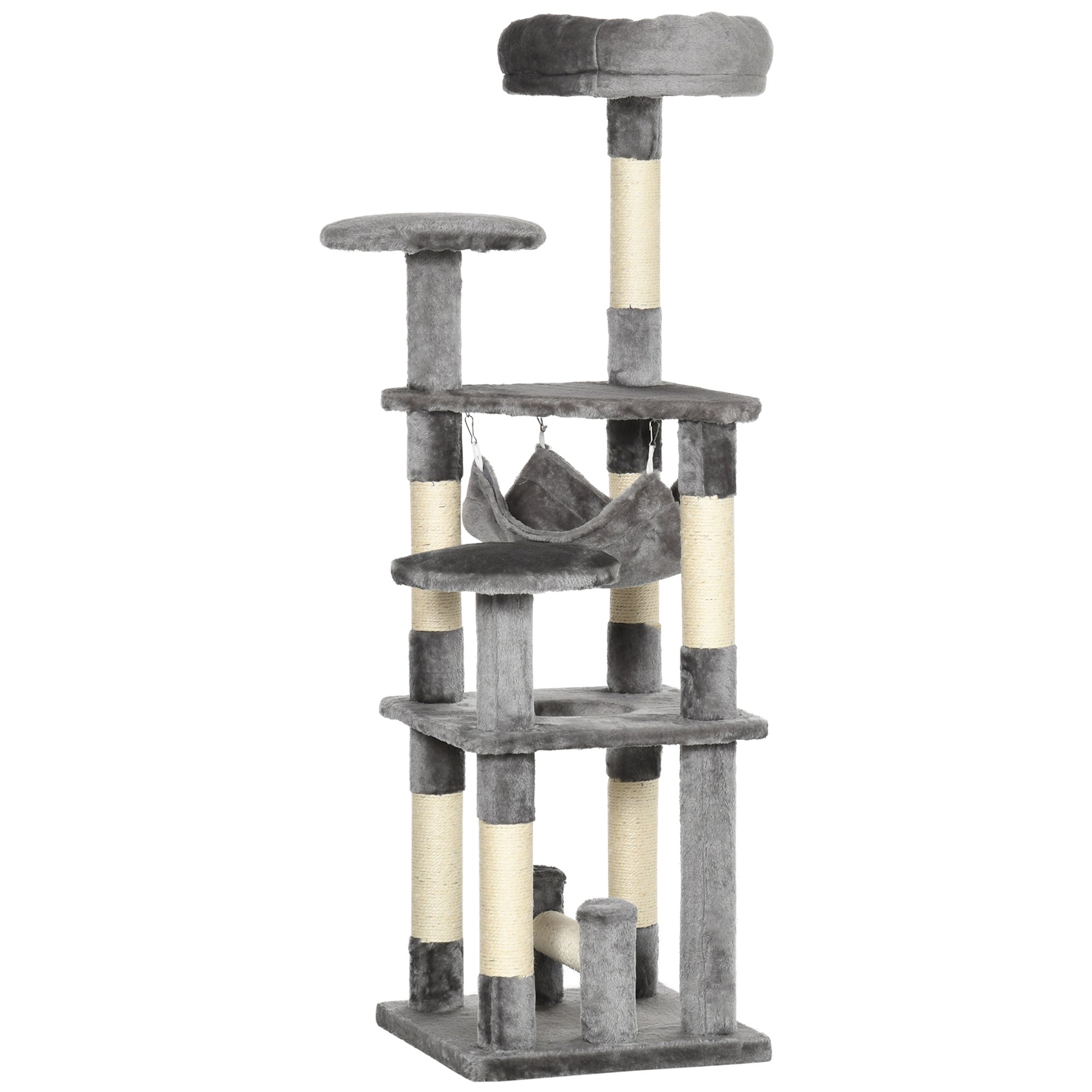 PawHut Cat Tree, 52" Multi-Level Cat Tower with Hammock, Cat Bed, Sisal Scratching Posts, Grey