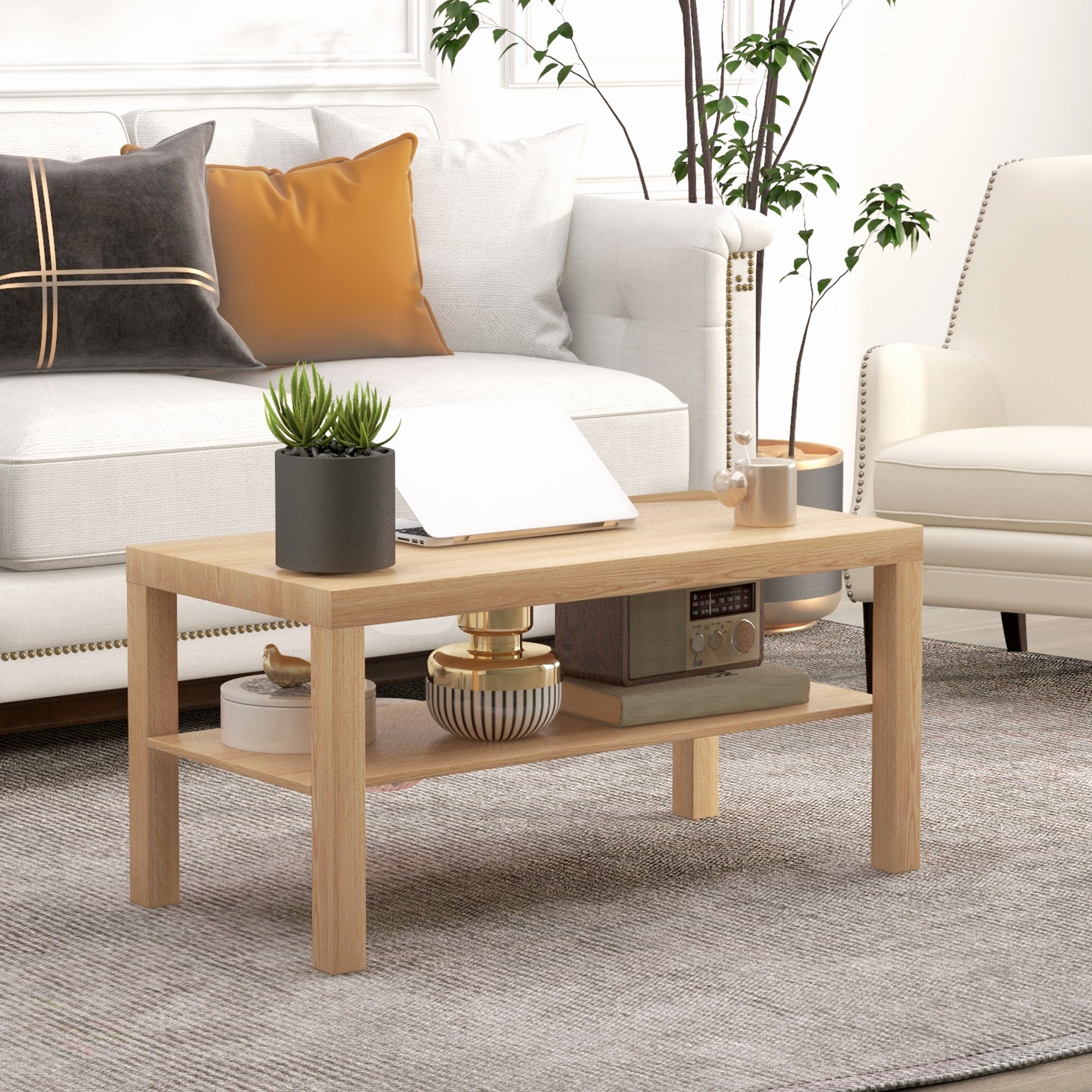 HOMCOM 2 Tier Coffee Table with Storage Shelf, Rectangular Center Table for Living Room, Home Office Furniture Nature Wood