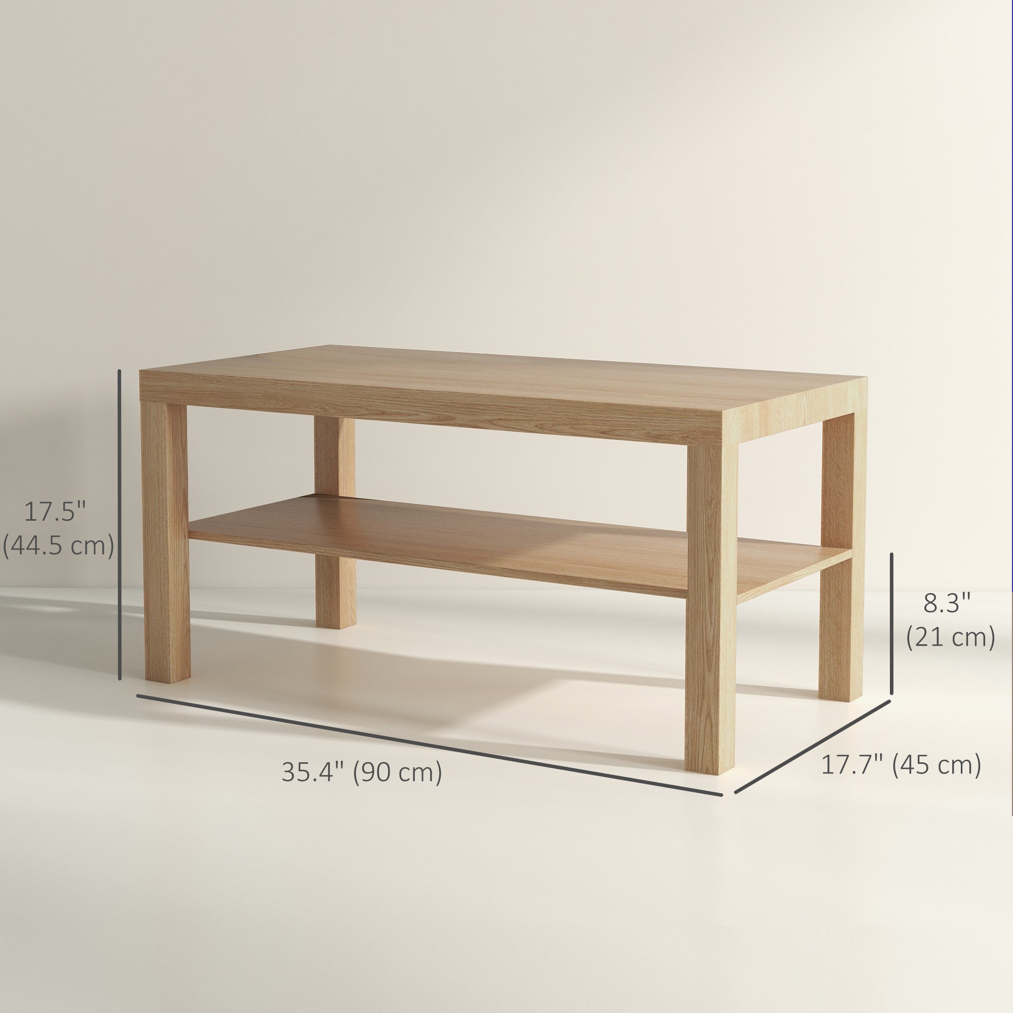 HOMCOM 2 Tier Coffee Table with Storage Shelf, Rectangular Center Table for Living Room, Home Office Furniture Nature Wood