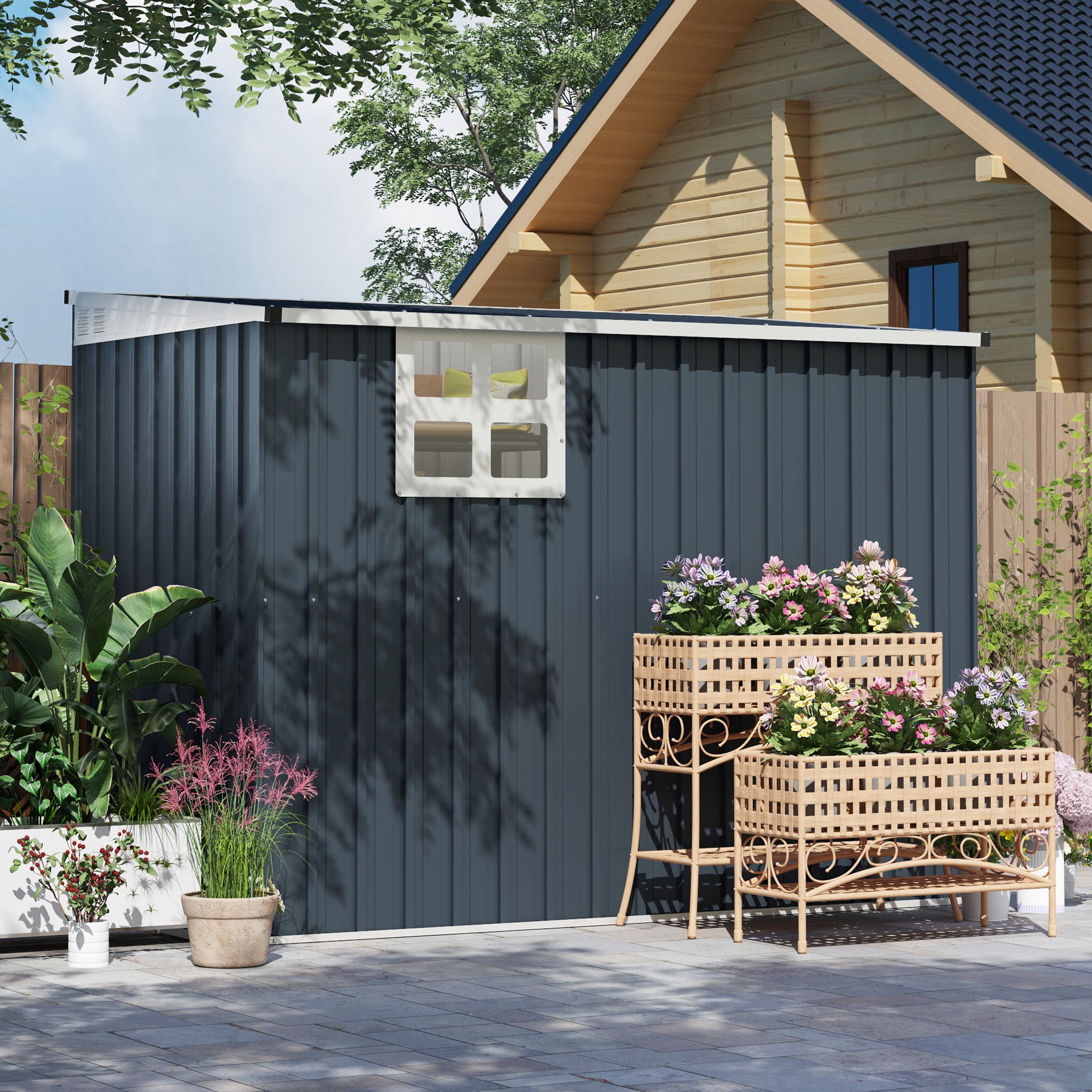 Outsunny 4' x 8' Outdoor Storage Shed, Metal Garden Shed with Window, 2 Vents and Lockable Door, for Backyard, Garden, Lawn, Dark Grey