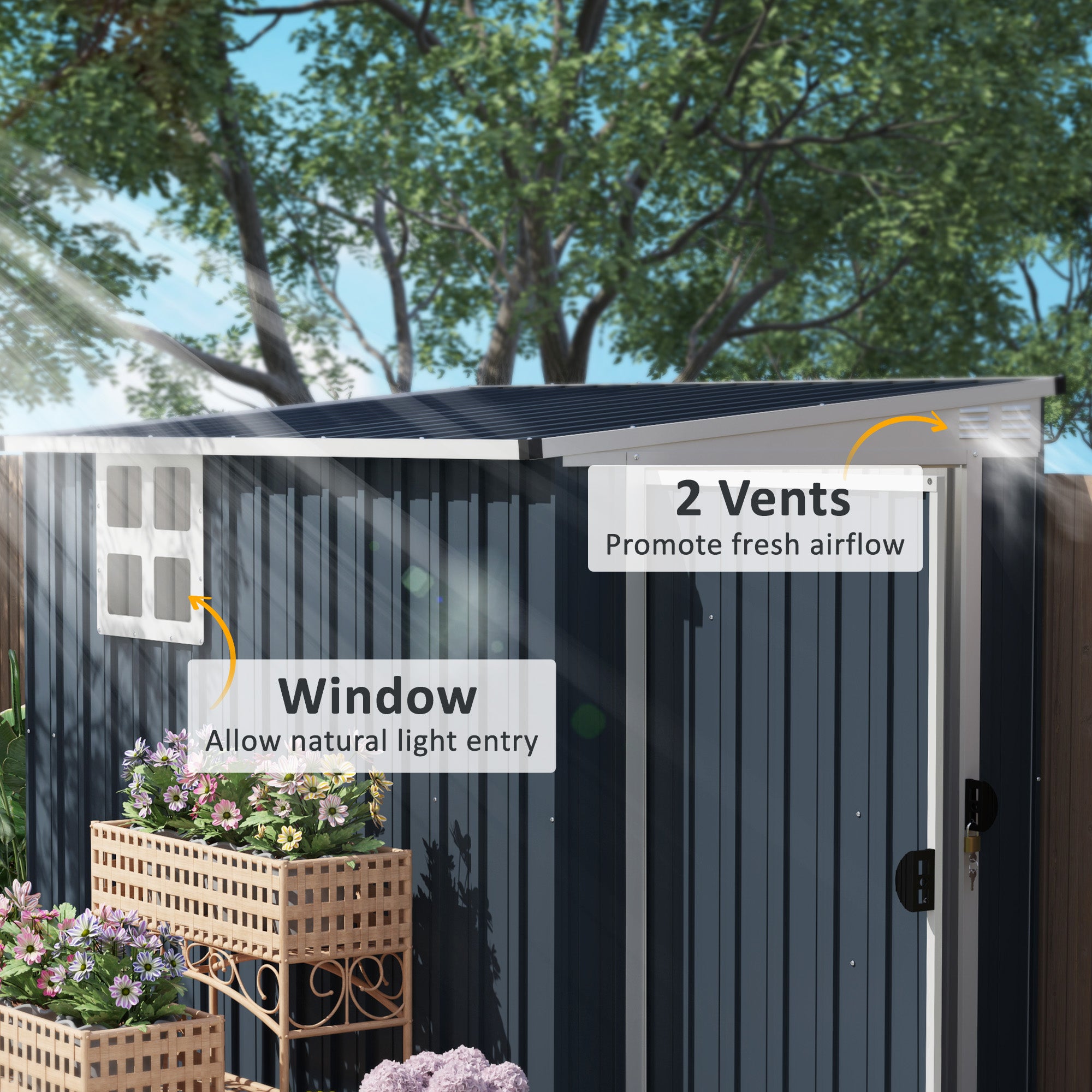 Outsunny 4' x 8' Outdoor Storage Shed, Metal Garden Shed with Window, 2 Vents and Lockable Door, for Backyard, Garden, Lawn, Dark Grey