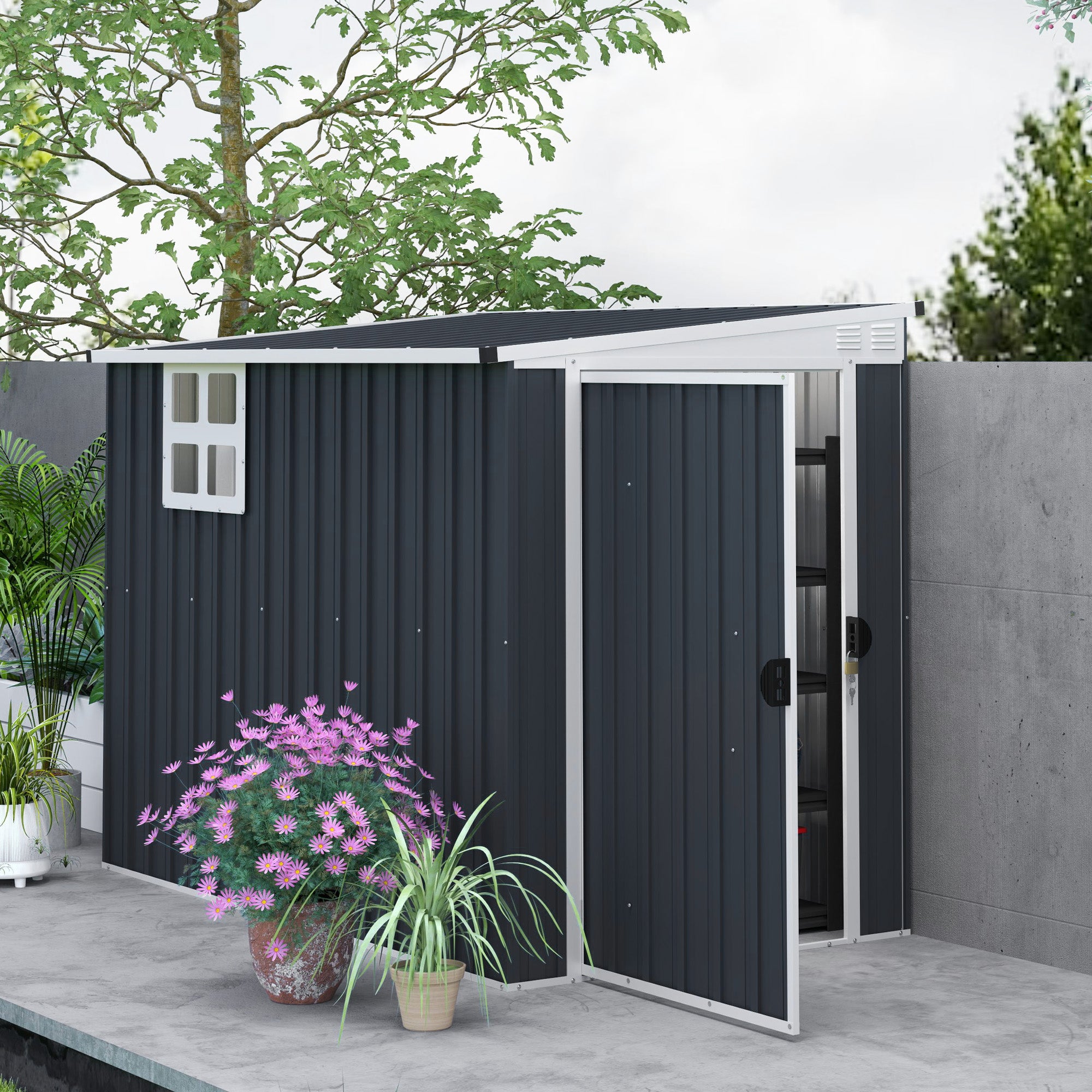 Outsunny 4' x 8' Outdoor Storage Shed, Metal Garden Shed with Window, 2 Vents and Lockable Door, for Backyard, Garden, Lawn, Dark Grey