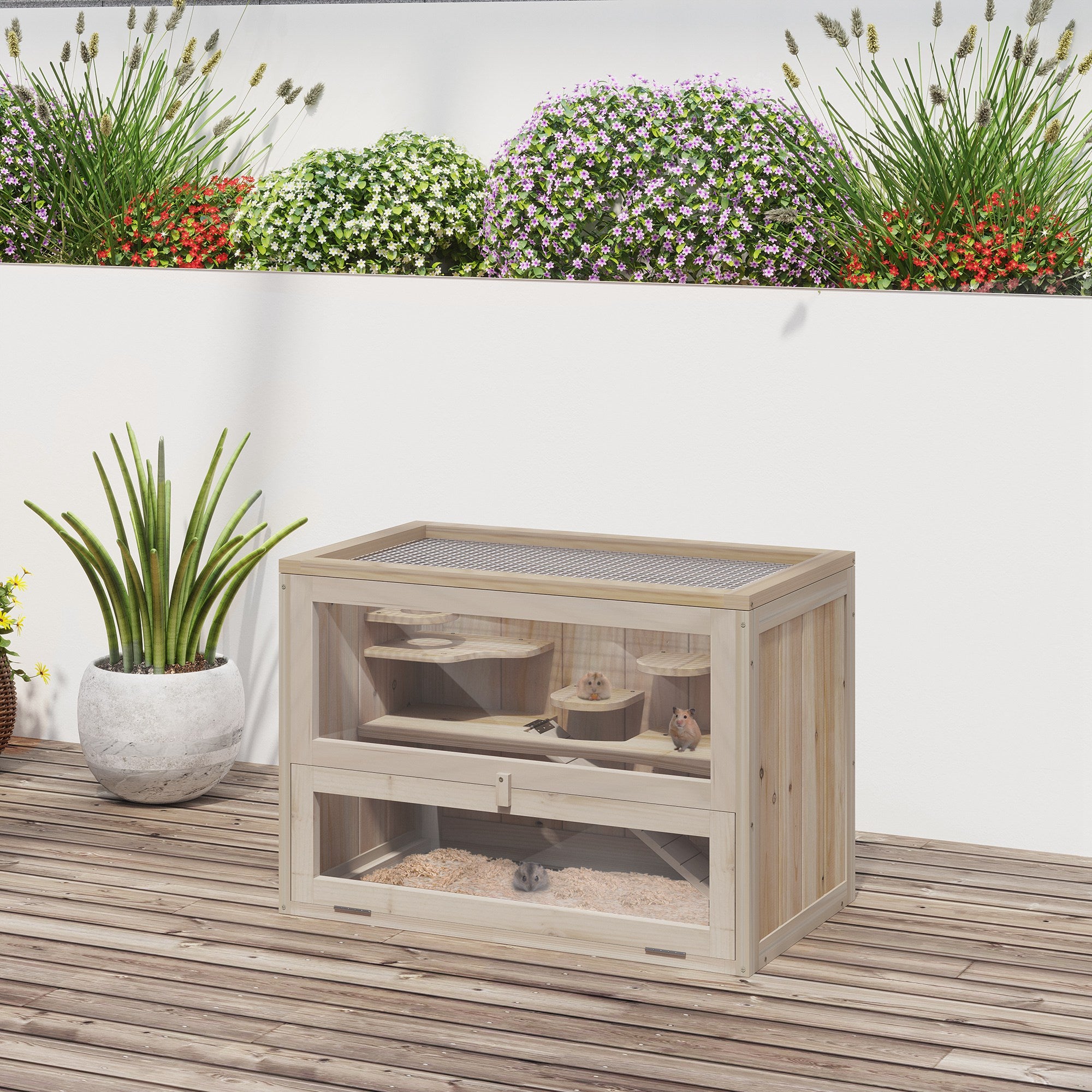 PawHut Wooden Hamster Cage Mouse Mice Rodent Small Animals Hutch Exercise Play House 60 x 35 x 42cm, Natural Wood Finish